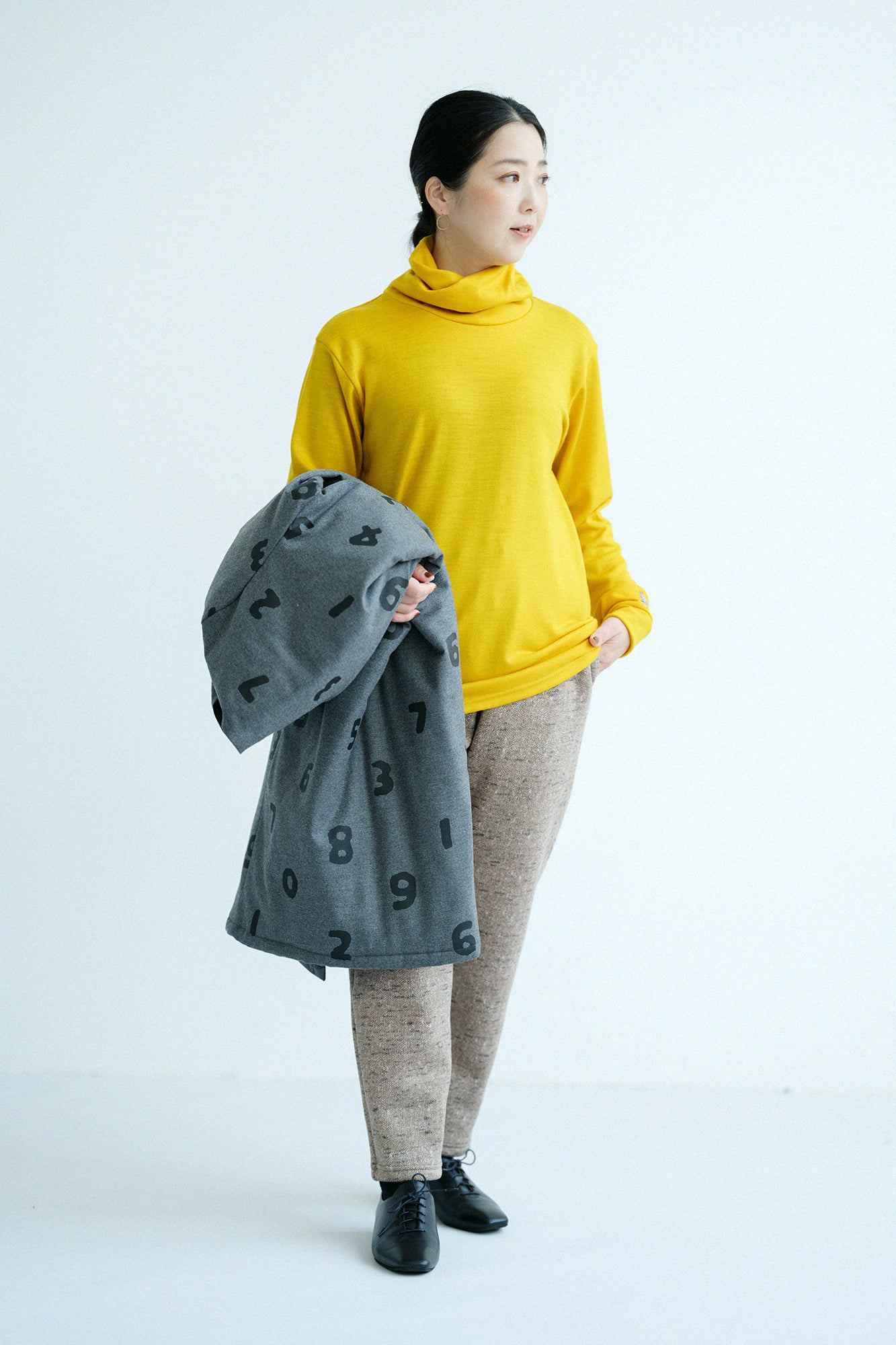 【預購】平針織 可洗羊毛 造型高領L/S長版上衣/黄色(※預計於12月9日左右發貨)
