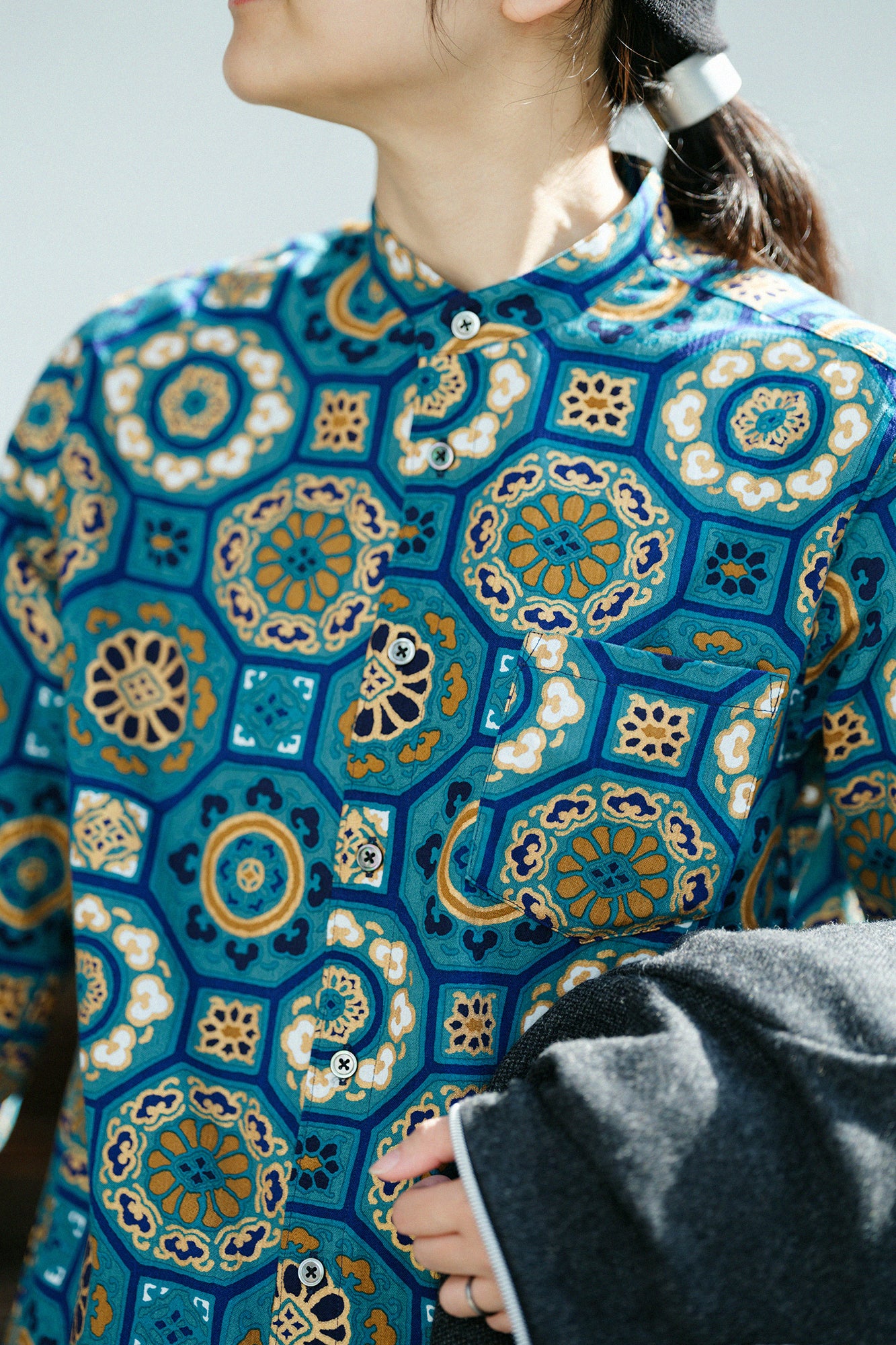 高島縮棉 20/20 立領長袖襯衫/華麗 碧玉色