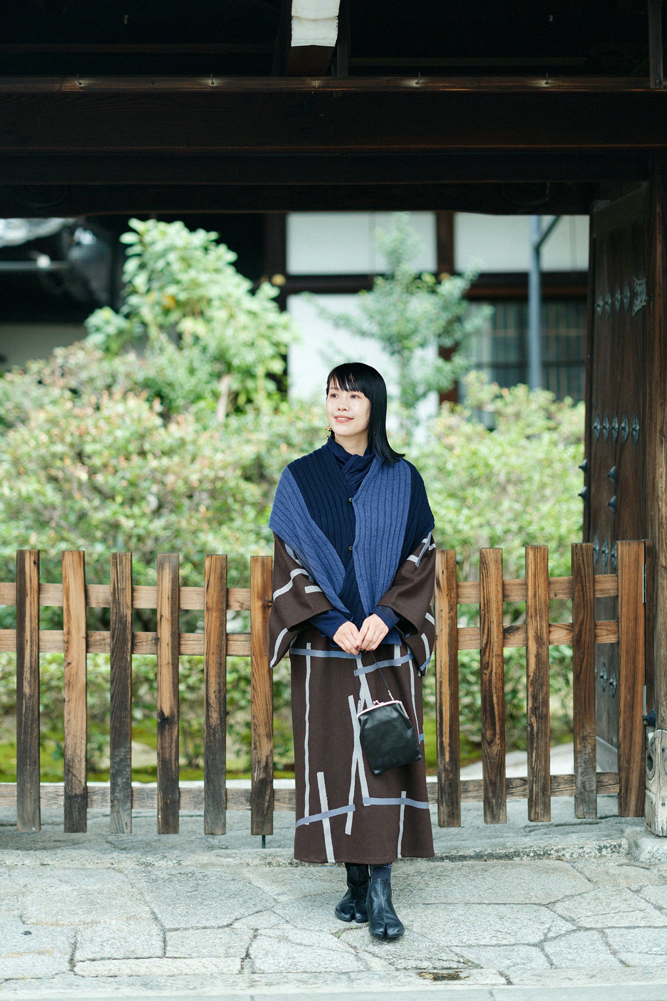 羊毛法蘭絨 和服型洋裝/鳶 赤墨色