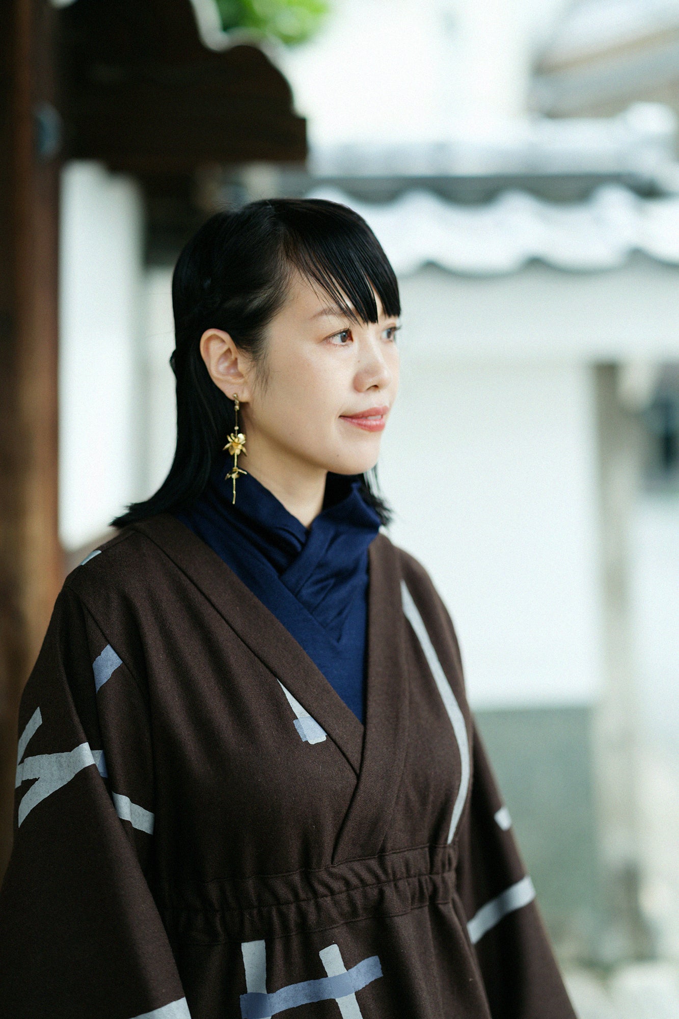 羊毛法蘭絨 和服型洋裝/鳶 赤墨色