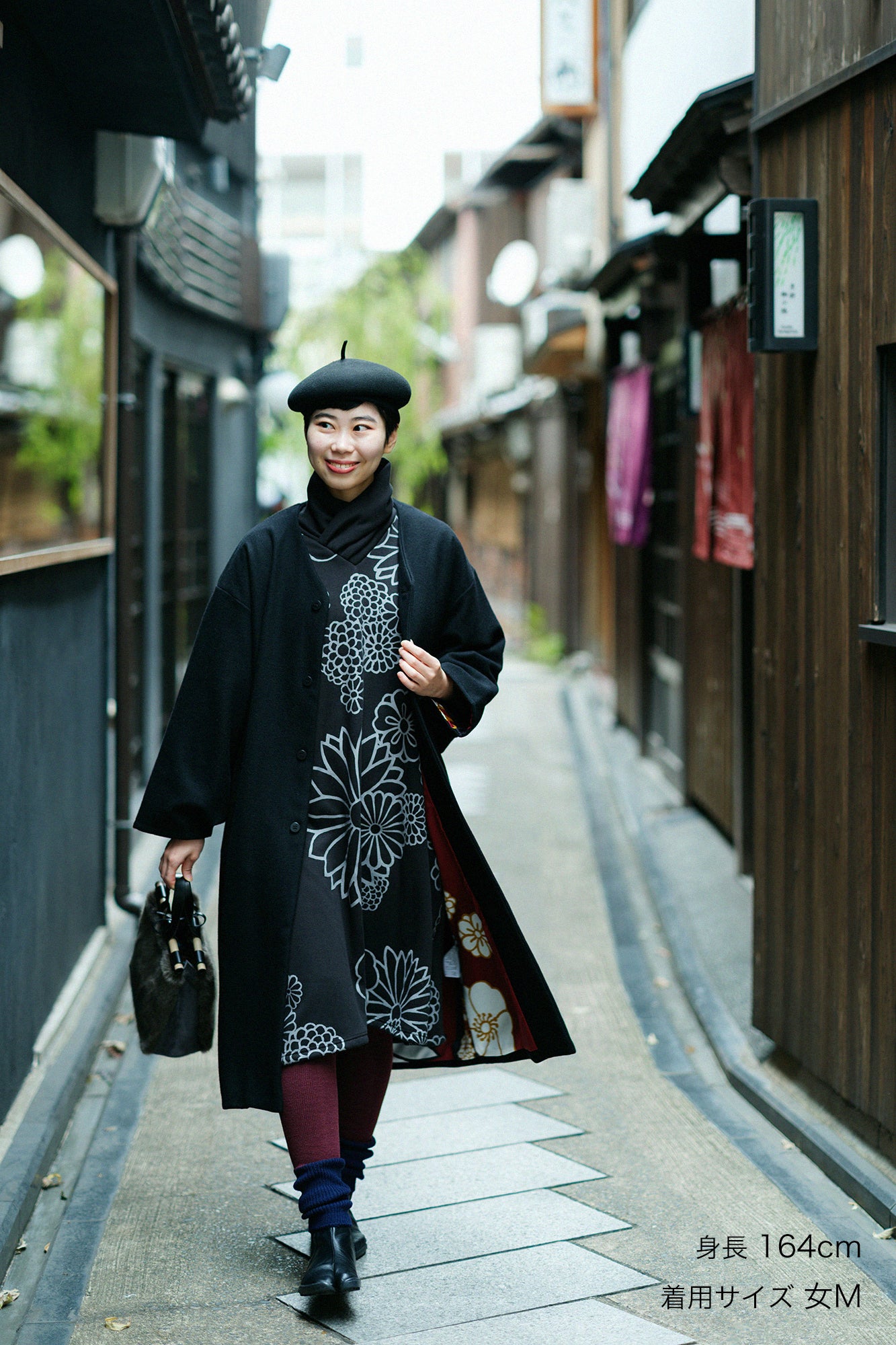 Wool Melton Naginata Sleeve Haori Long with Lining / Black×Gold Damask