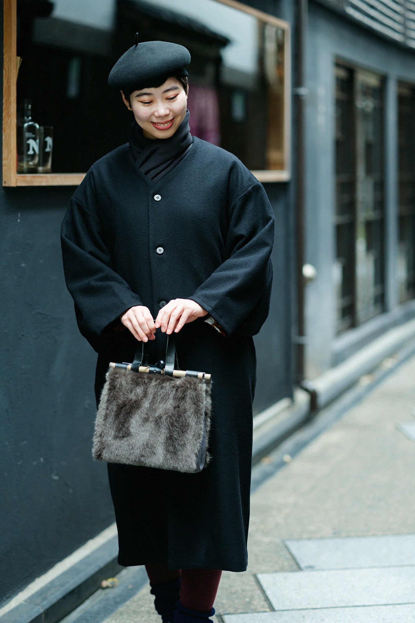 Wool Melton Naginata Sleeve Haori Long with Lining / Black×Gold Damask