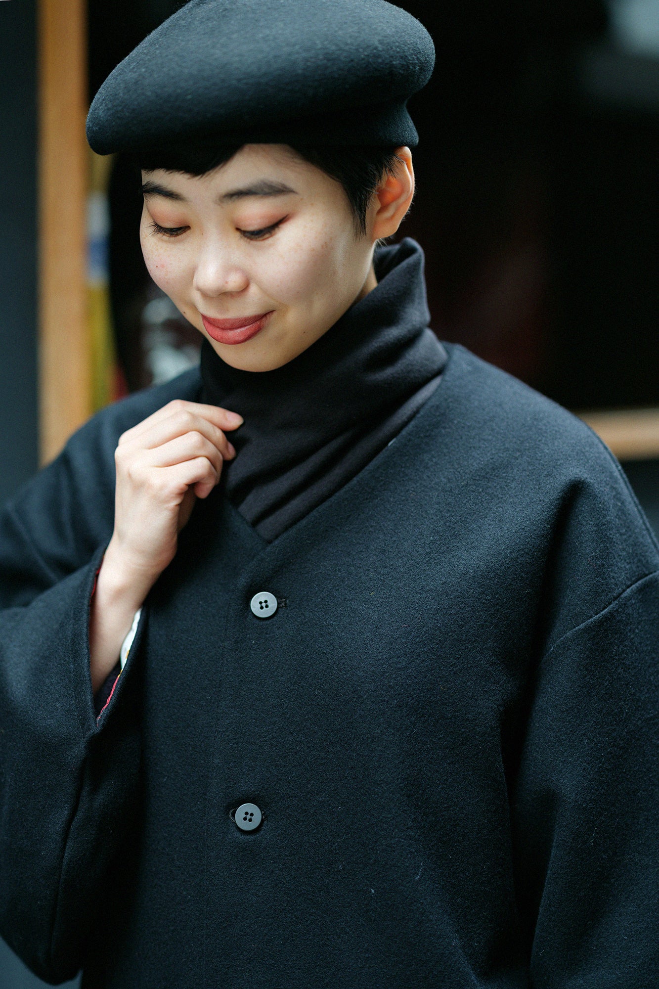 Wool Melton Naginata Sleeve Haori Long with Lining / Black×Gold Damask