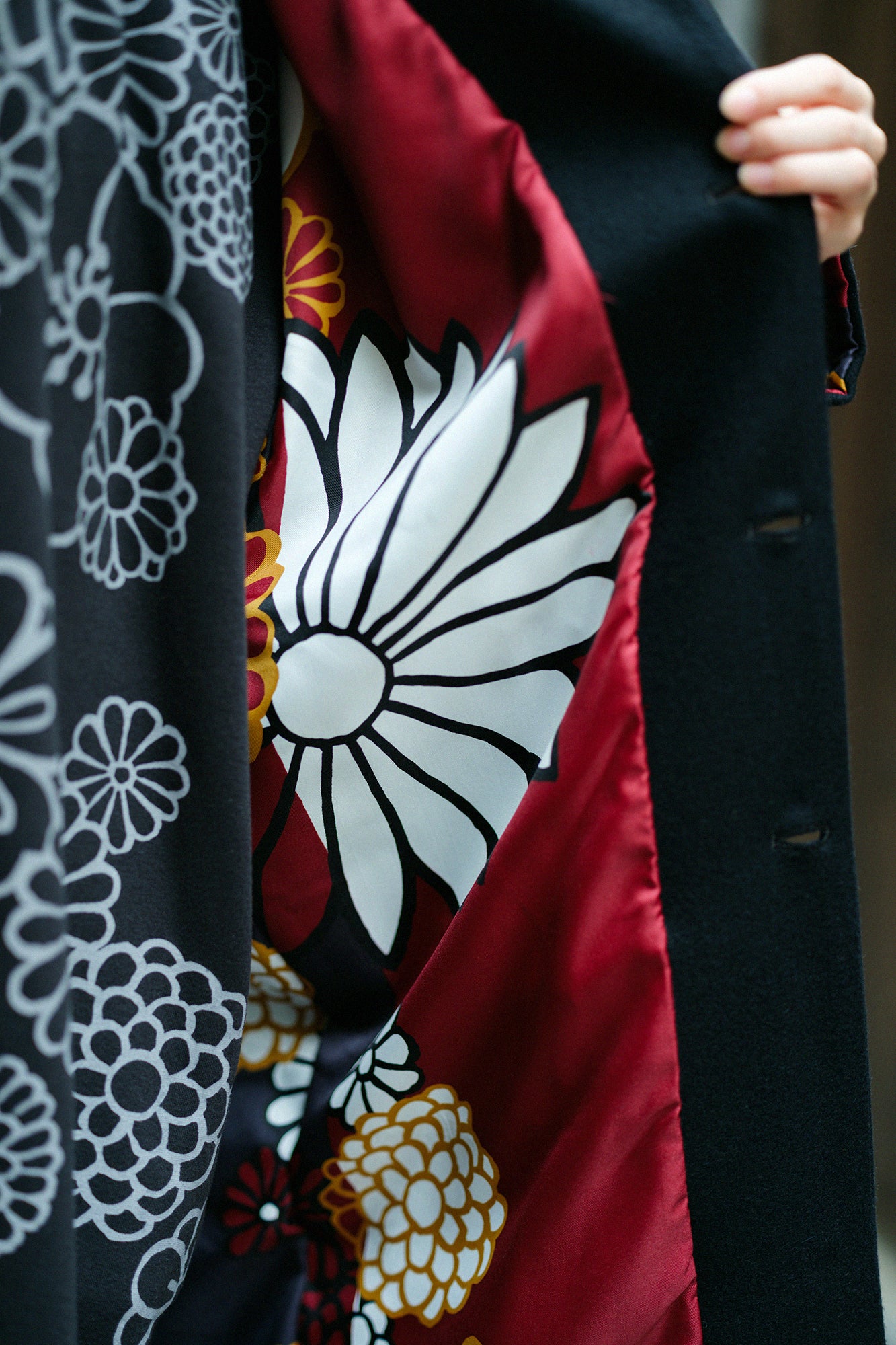 Wool Melton Naginata Sleeve Haori Long with Lining / Black×Gold Damask