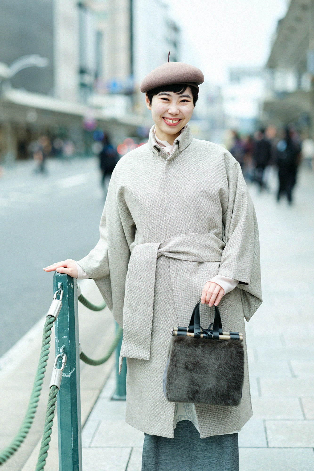 Tweed Kimono Sleeve Coat with Lining / Beige