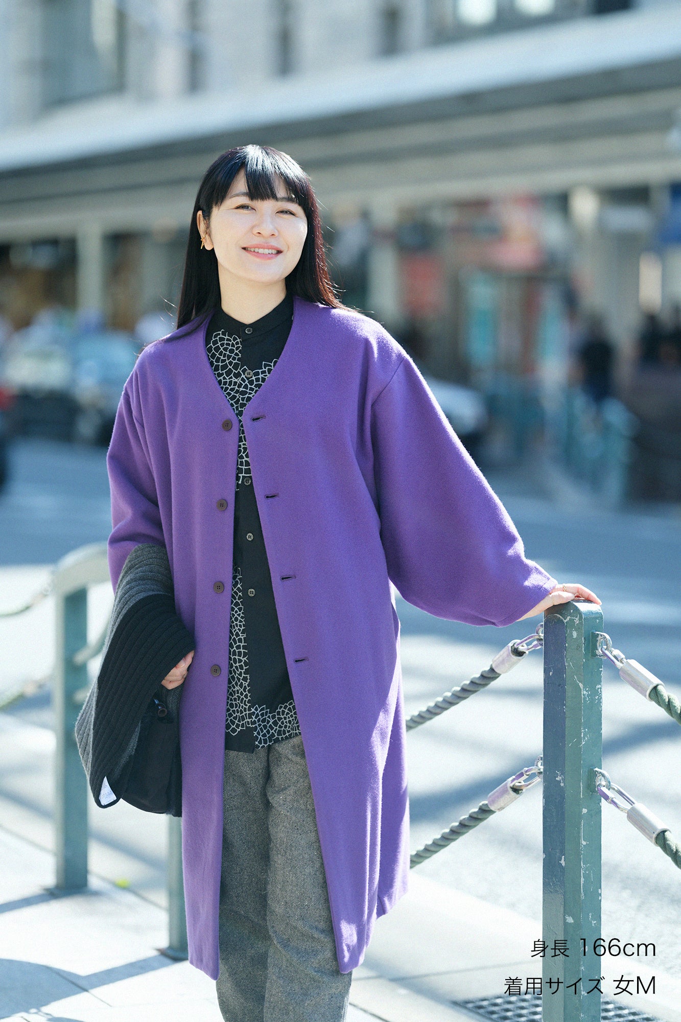 Wool Melton Naginata Sleeve Haori Long with Lining / Reddish Purple×Kumodori with Chrysanthemum