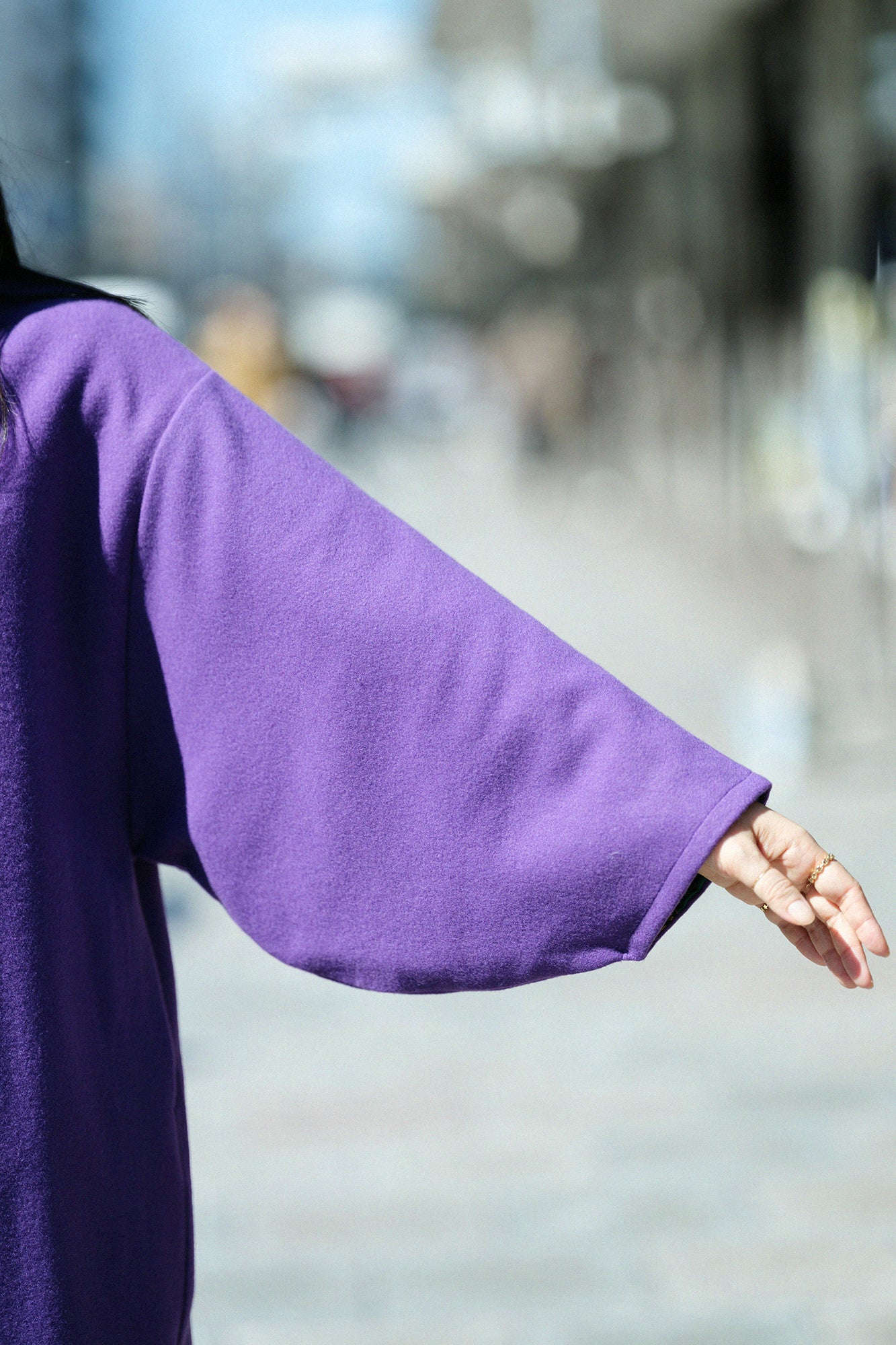 Wool Melton Naginata Sleeve Haori Long with Lining / Reddish Purple×Kumodori with Chrysanthemum