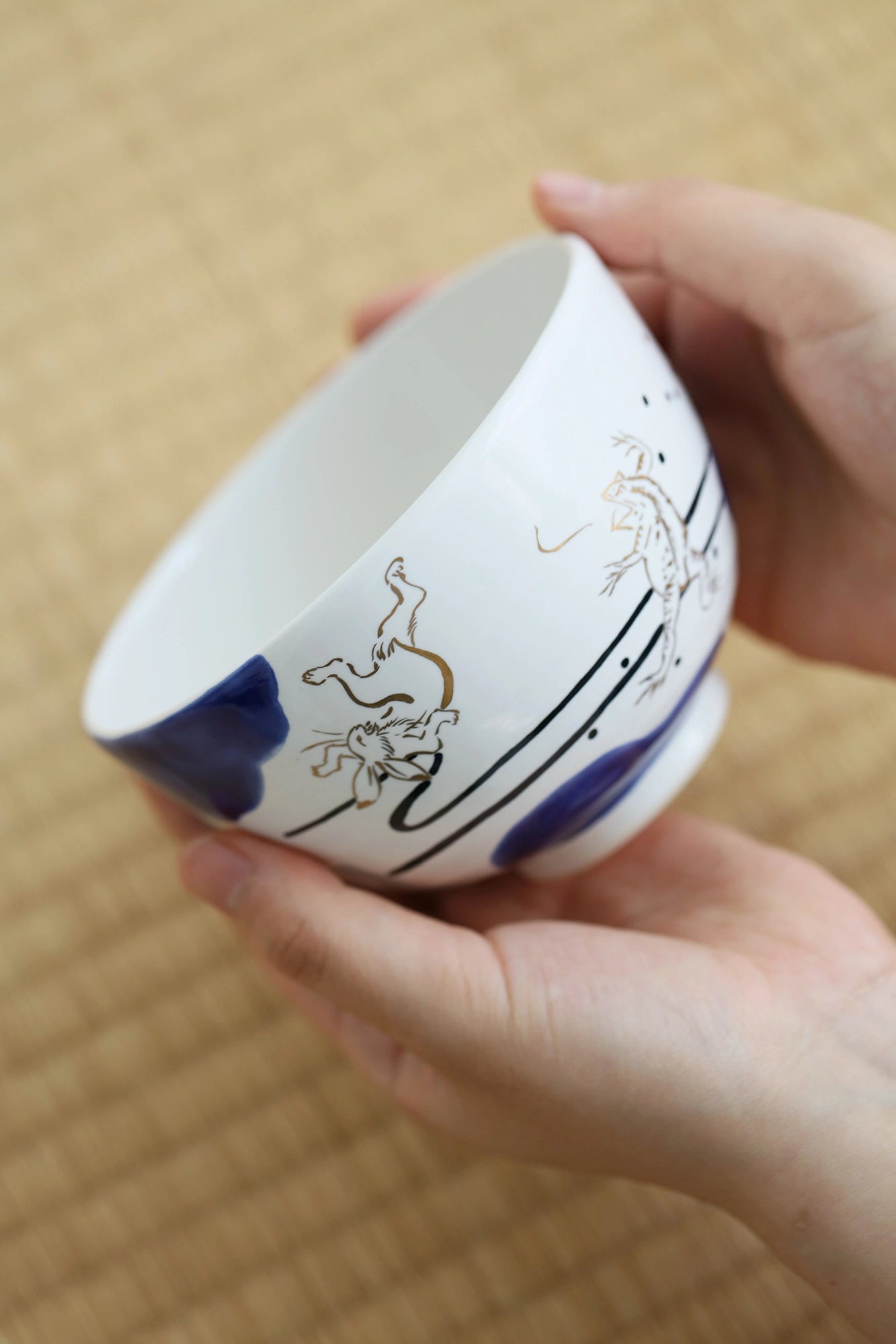 山岡善昇窯謹製 京燒手繪茶碗／雲間與鳥獸戲畫