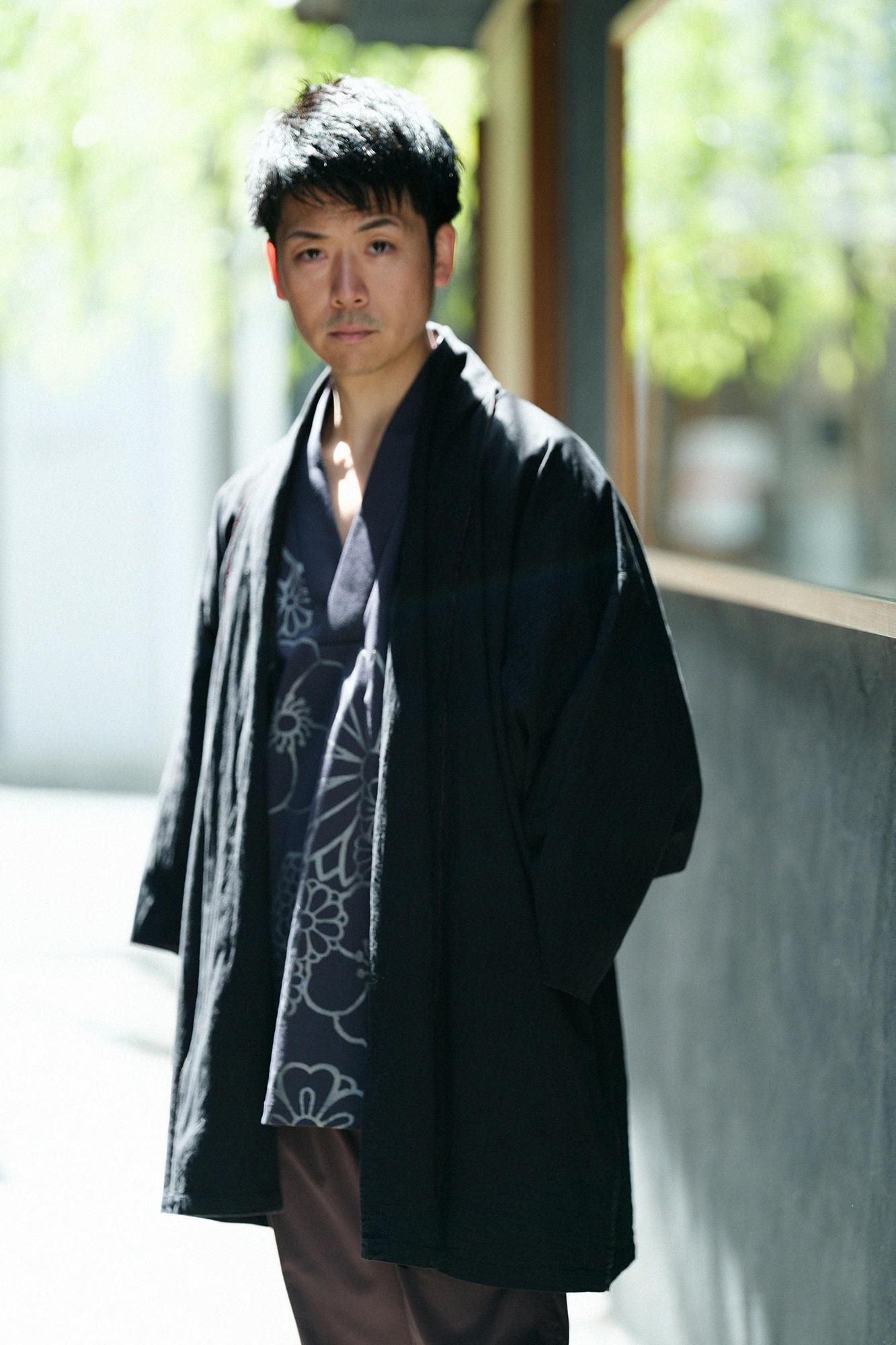 伊勢木綿 20/20 麻混 もじり袖 短衣 単／濡羽色2（ぬれ