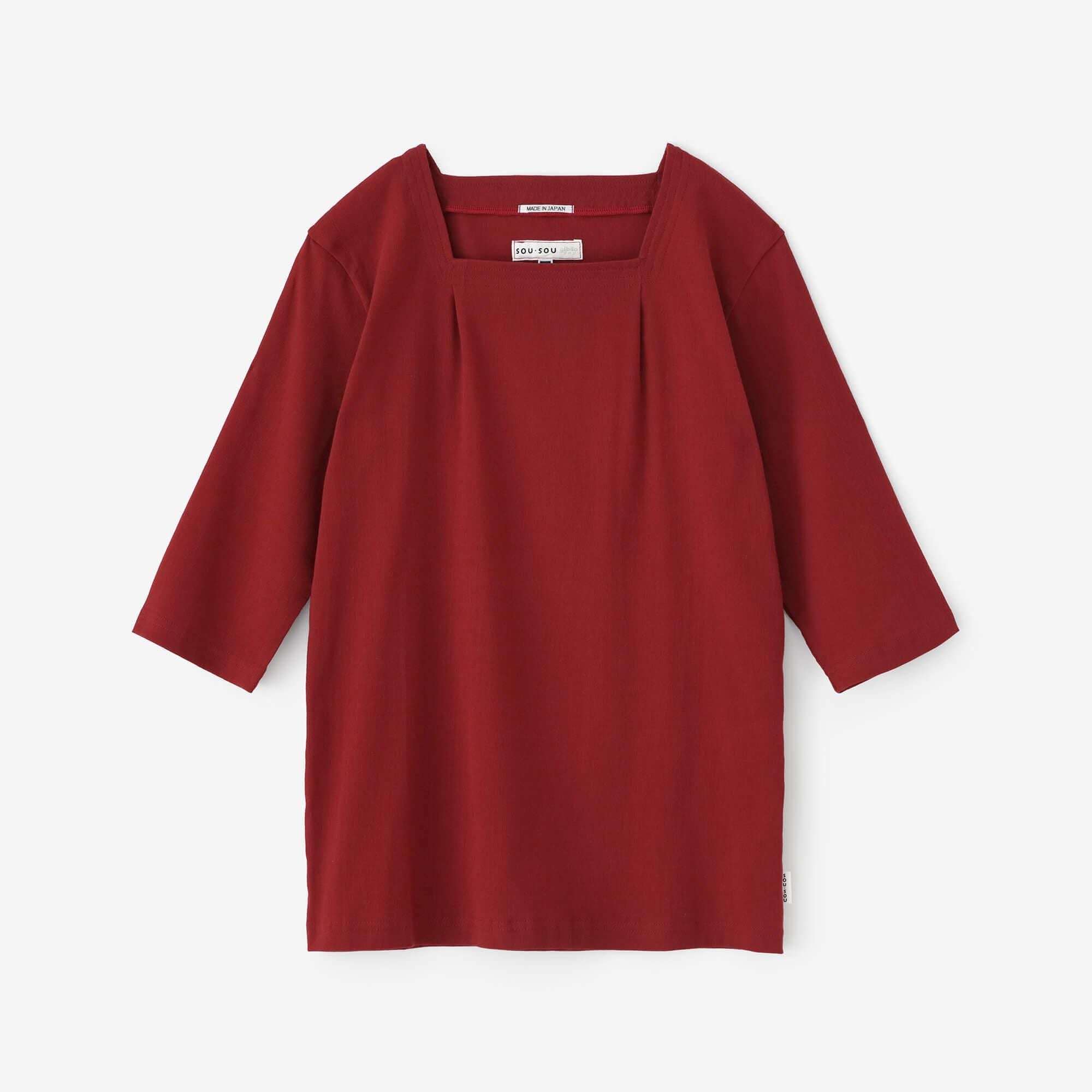 Chizimi Cotton 40/40 Square Neck Shirt Elbow Length Sleeve / Dark Red