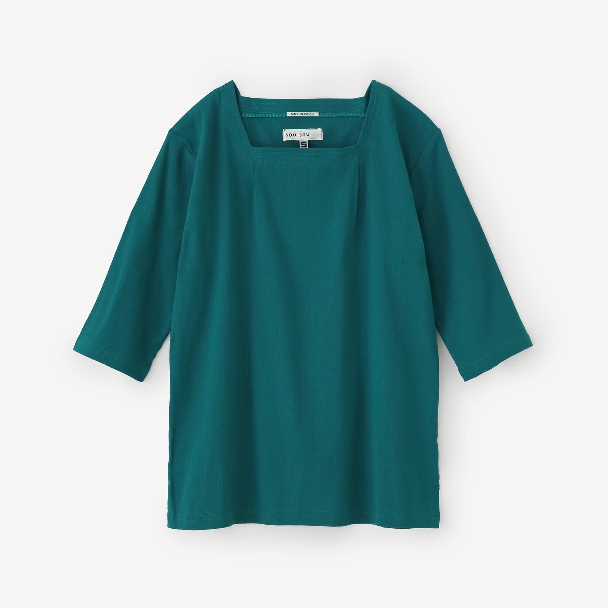 Chizimi Cotton 40/40 Square Neck Shirt Elbow Length Sleeve / Marine Green