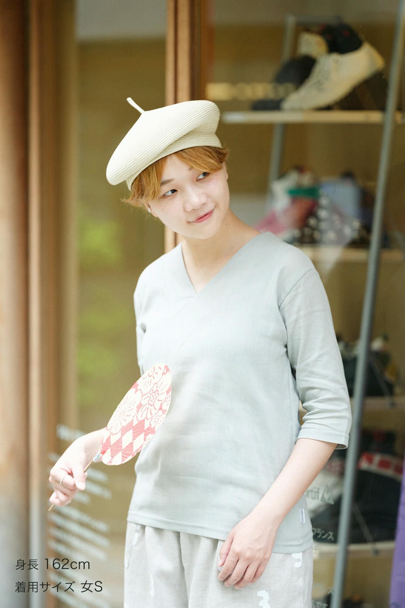 高島縮棉 40/40 V領上衣 六分袖/銀灰色