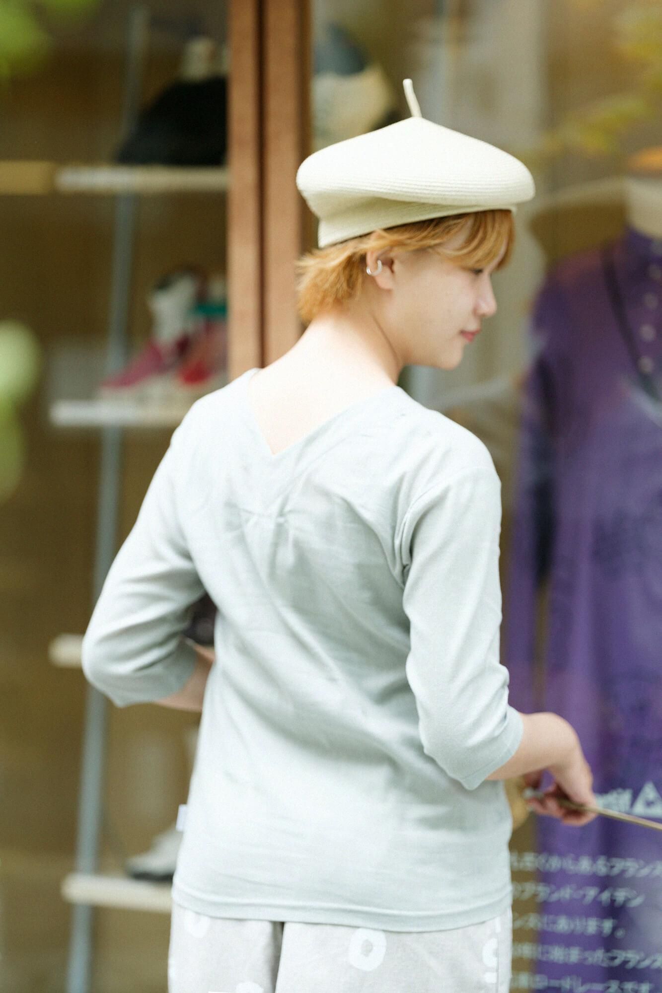 高島縮棉 40/40 V領上衣 六分袖/銀灰色