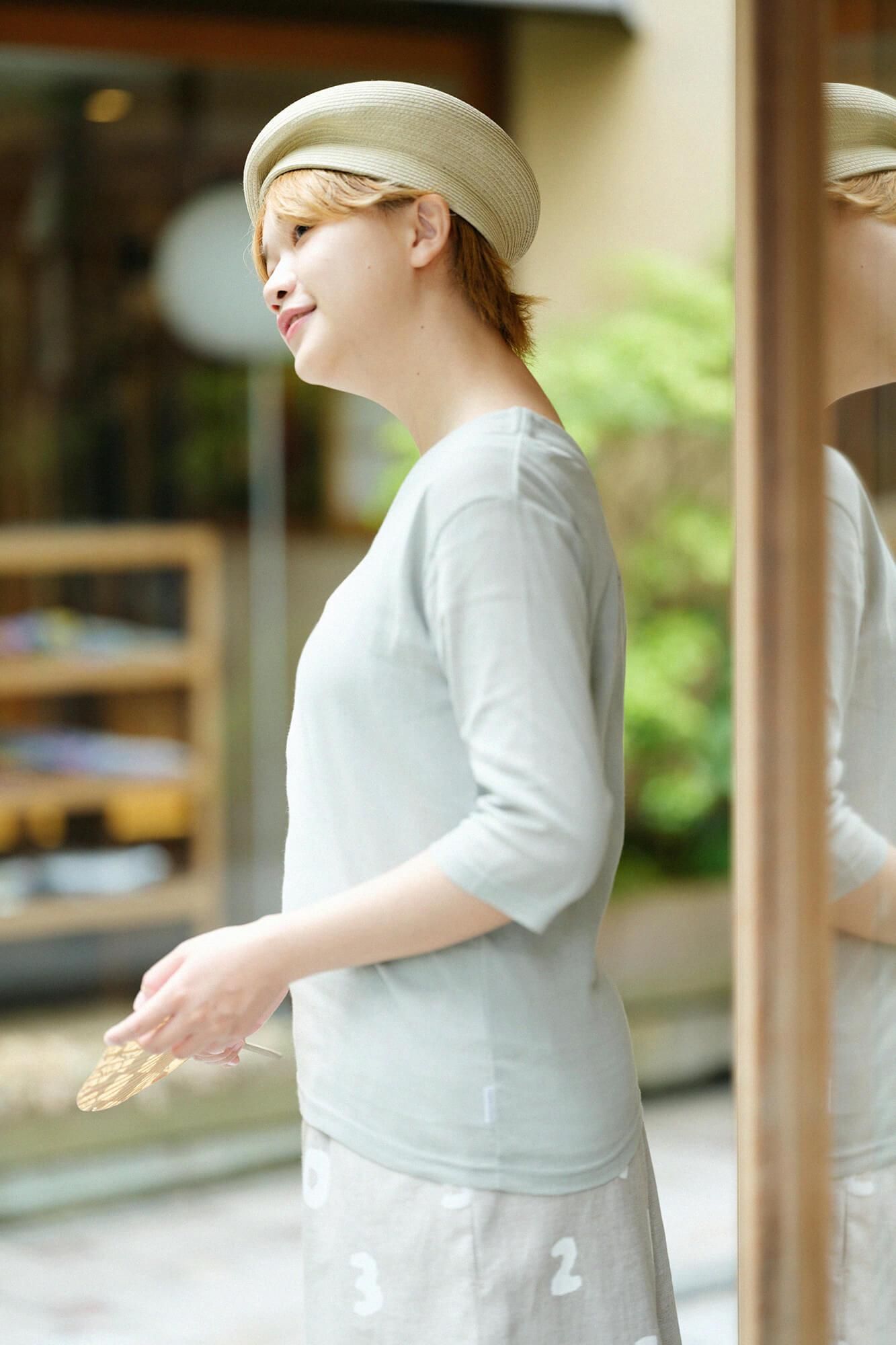 高島縮棉 40/40 V領上衣 六分袖/銀灰色