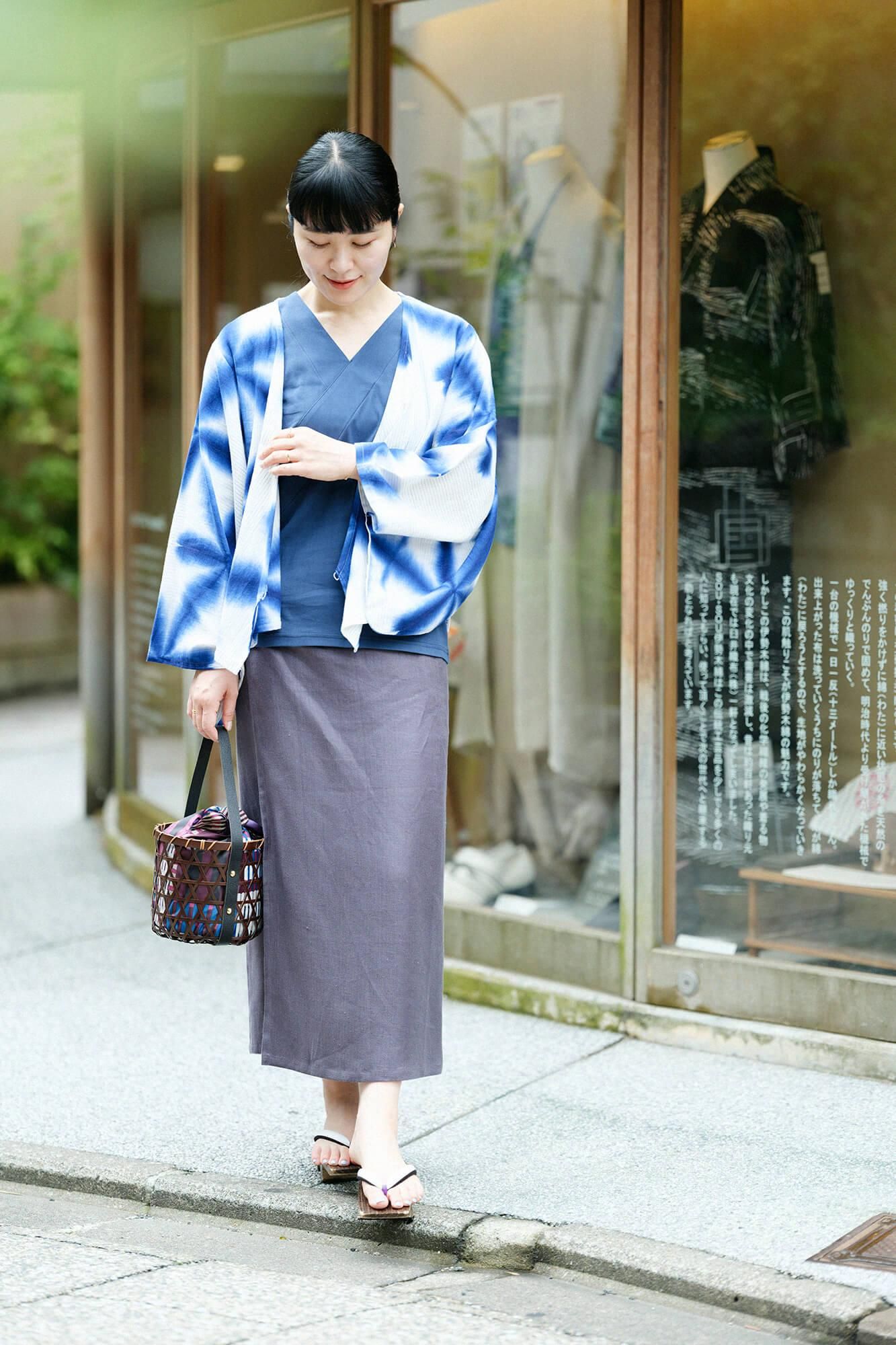 高島縮 40/40 抜衿ジバン 六分丈／紺鼠（こんねず）