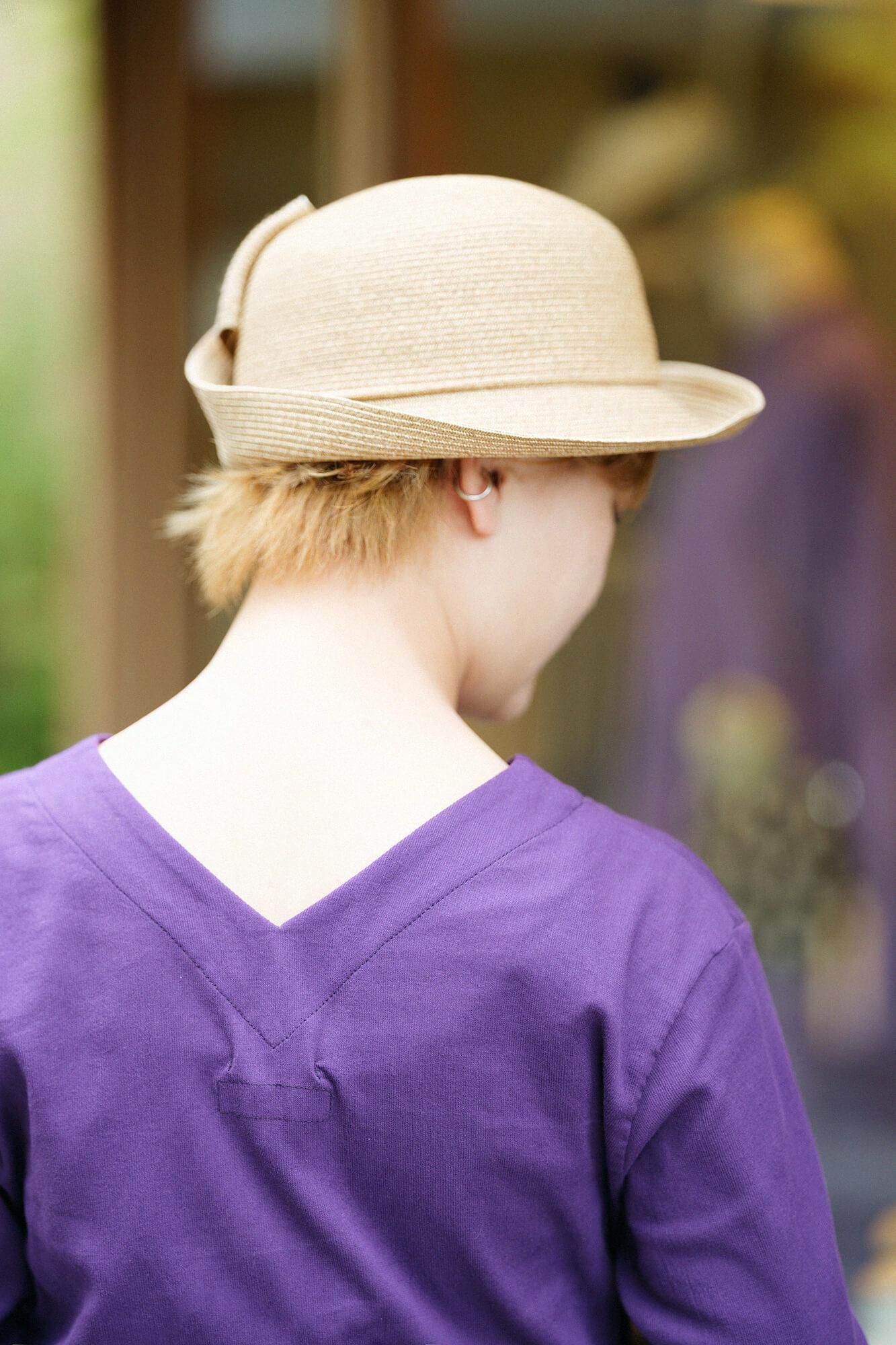 高島縮棉 40/40 V領上衣 六分袖/紫藍色