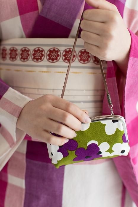 No 12. Soft Canvas Gamaguchi Clasp Purse Double Layer/ Layered-flower Yellowish Green