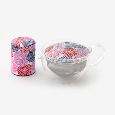 耐熱ガラス急須＆茶缶セット／菊づくし つくも