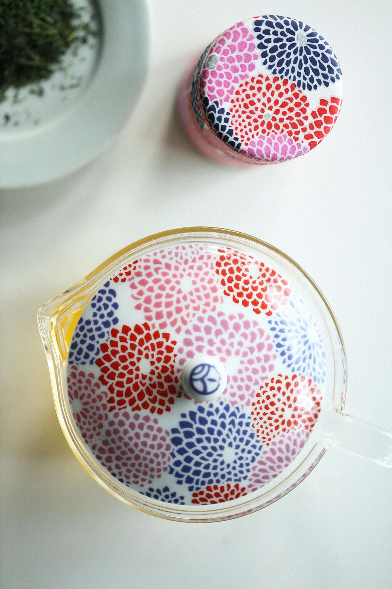 耐熱ガラス急須＆茶缶セット／菊づくし つくも