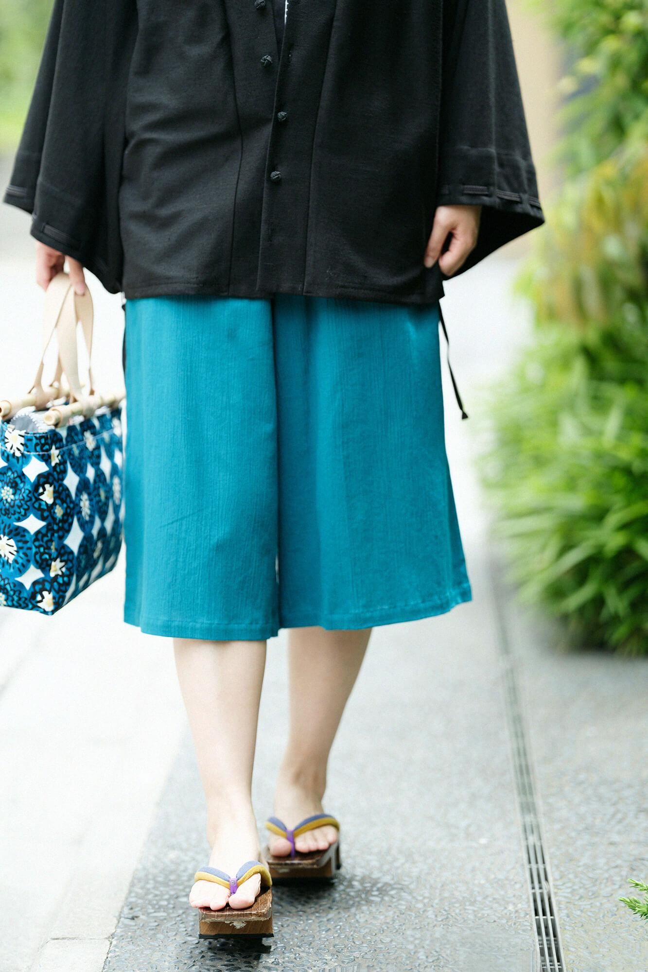 高島縮棉 20/20闊腿褲短版/海綠色