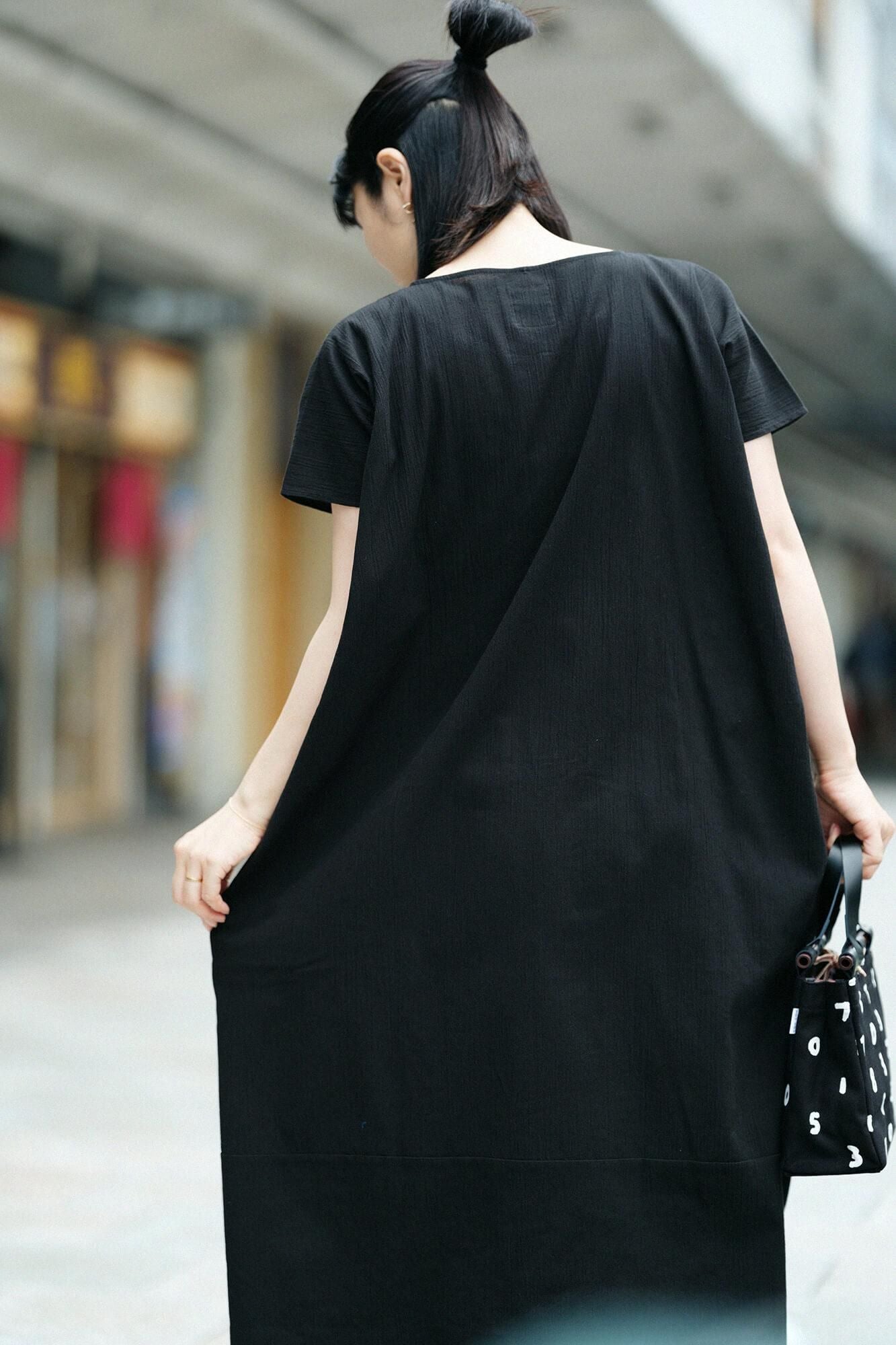 高島縮棉 20/20長方形洋裝雙色/黑色