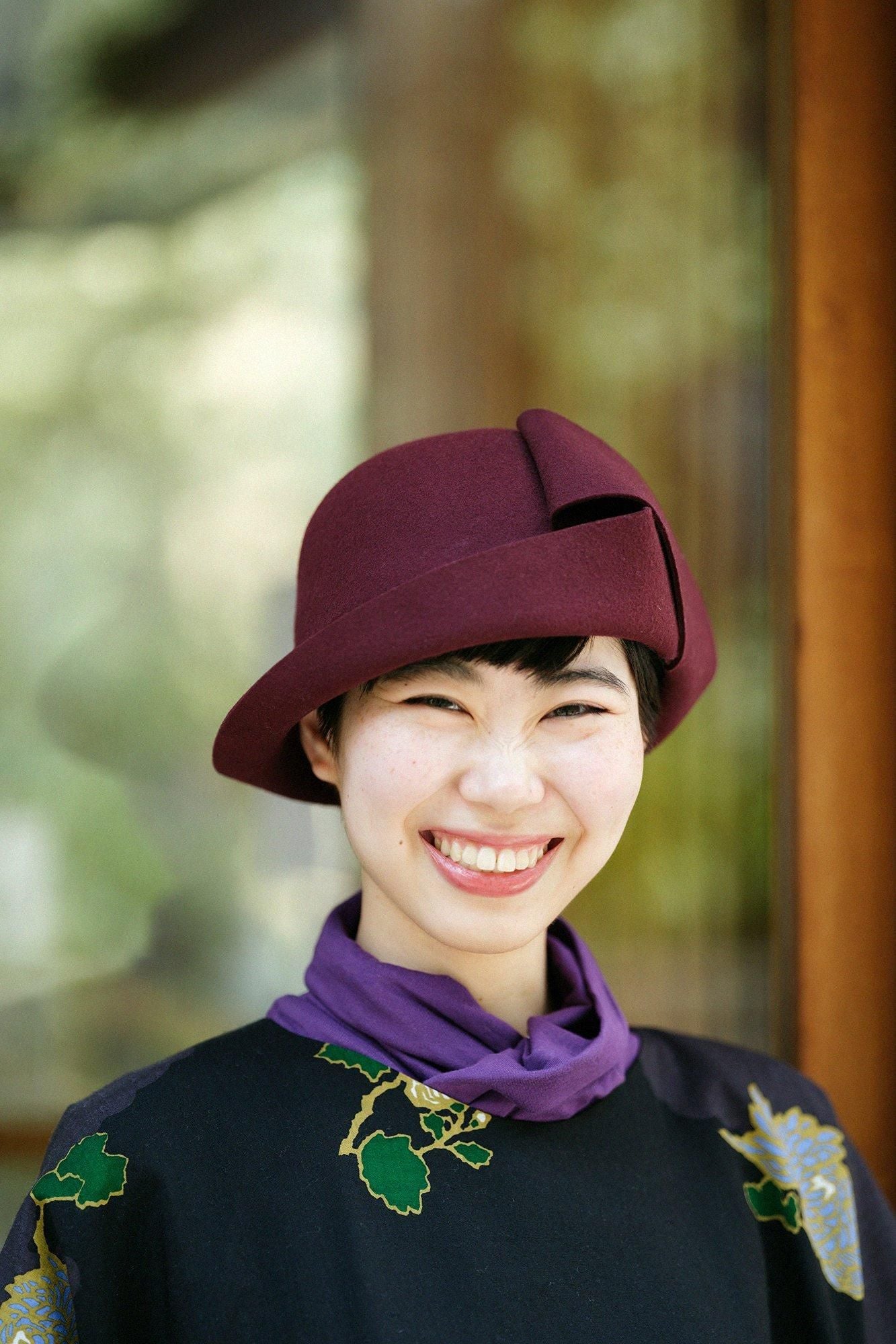 毛氈 寧寧 蝴蝶結帽／酒紅色