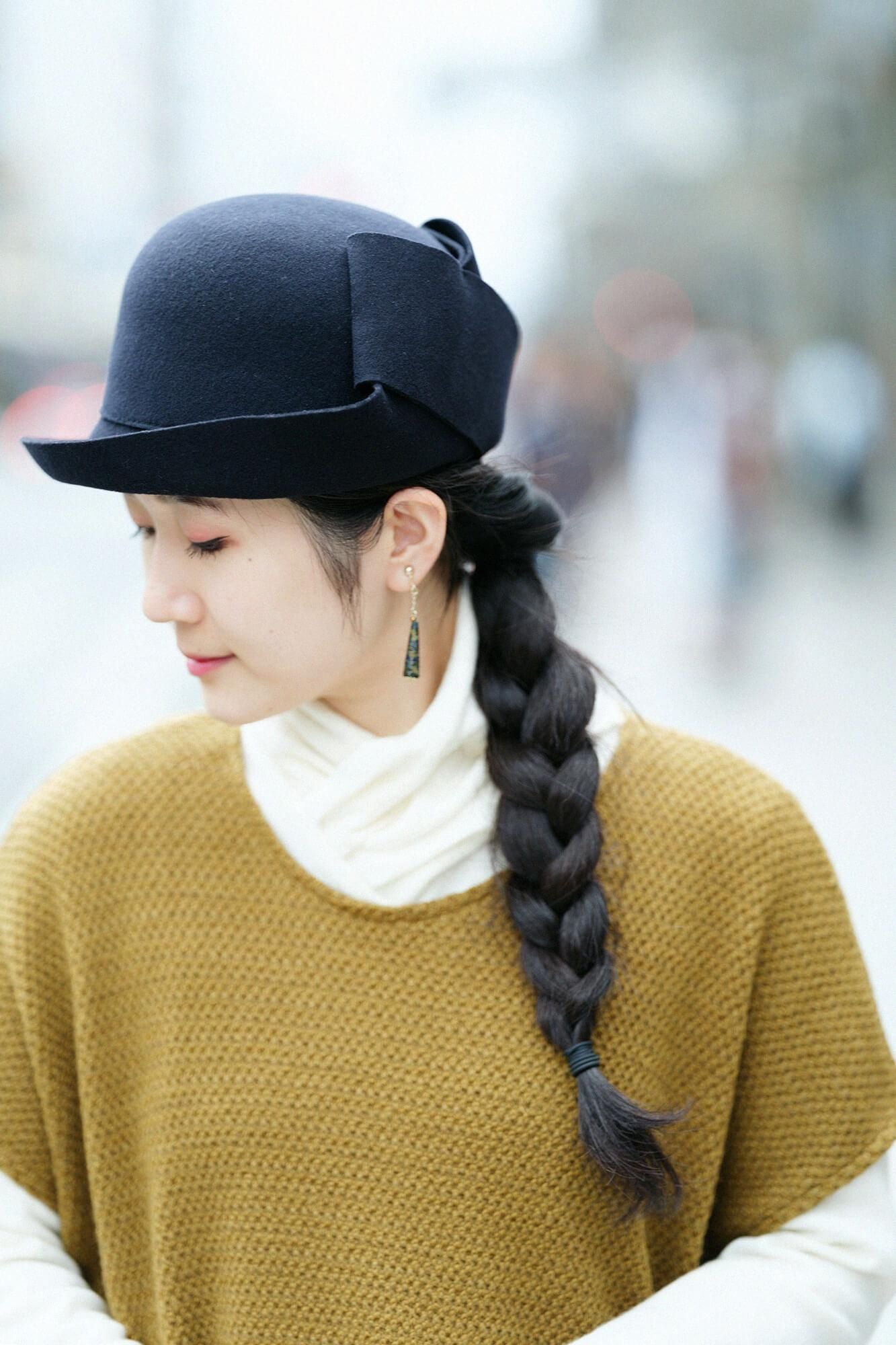 毛氈 寧寧 蝴蝶結帽／深藍色