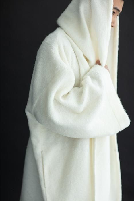 仿海狸毛 連帽外套／鳥白色