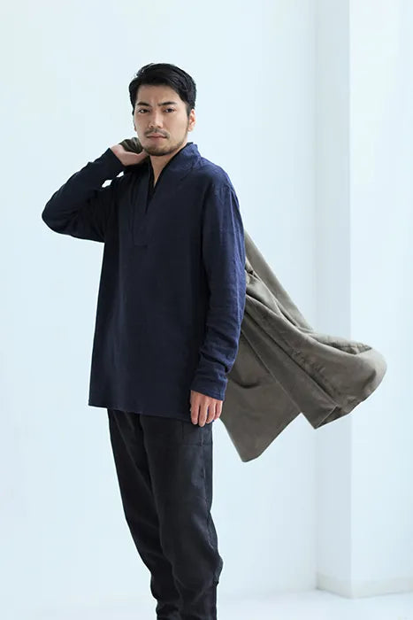 【net限定】綿麻接結 半衿狭風靡（めんあさせっけつ はんえりせばふうび）／濃紺（のうこん）