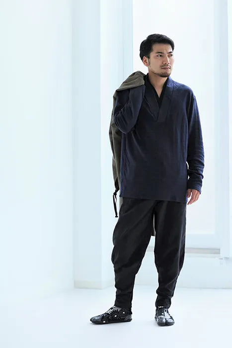 【net限定】綿麻接結 半衿狭風靡（めんあさせっけつ はんえりせばふうび）／濃紺（のうこん）