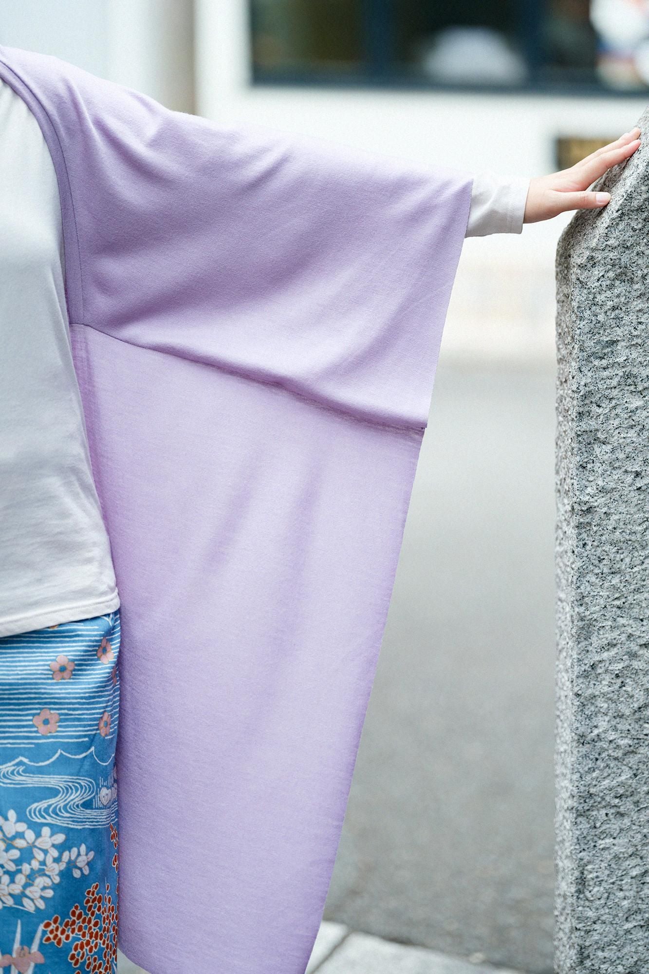 平針織 可洗羊毛 飛鼠袖外披／紅藤色