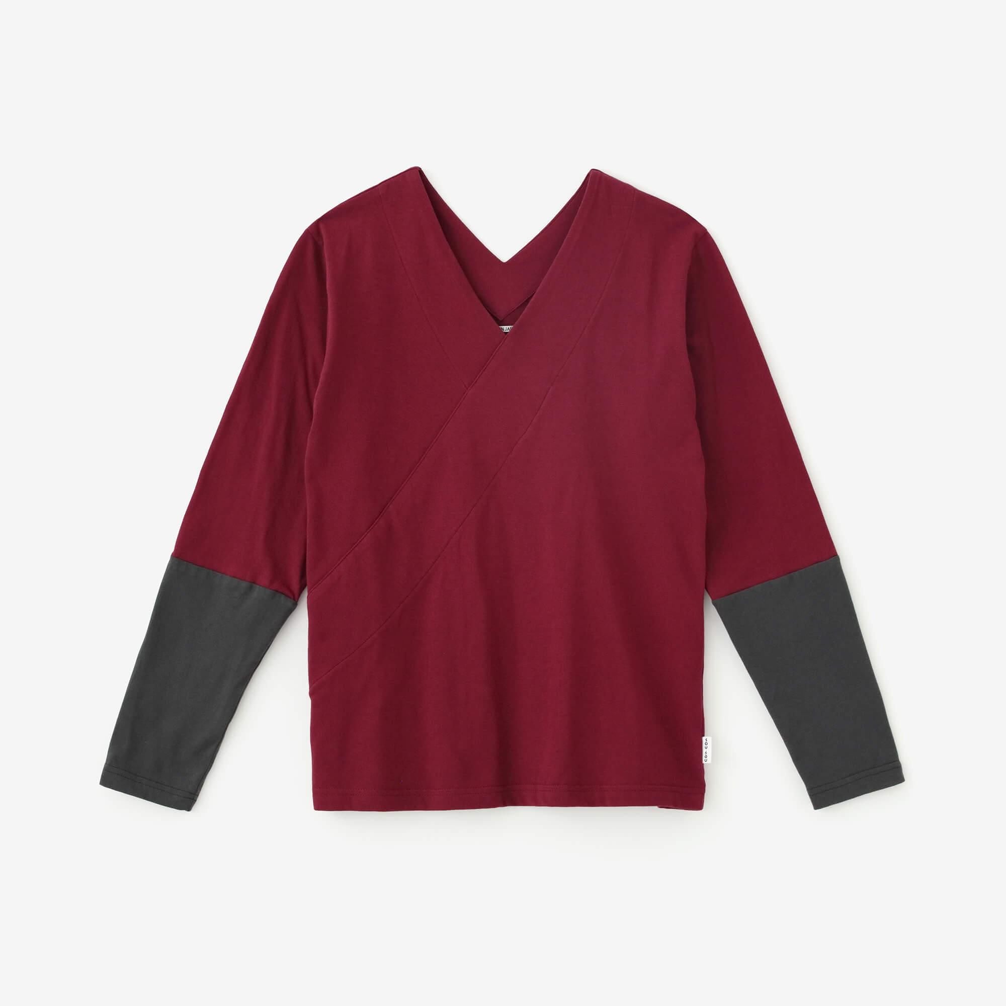  V領上衣 30號單線 雙色袖／酒紅色×鉛色