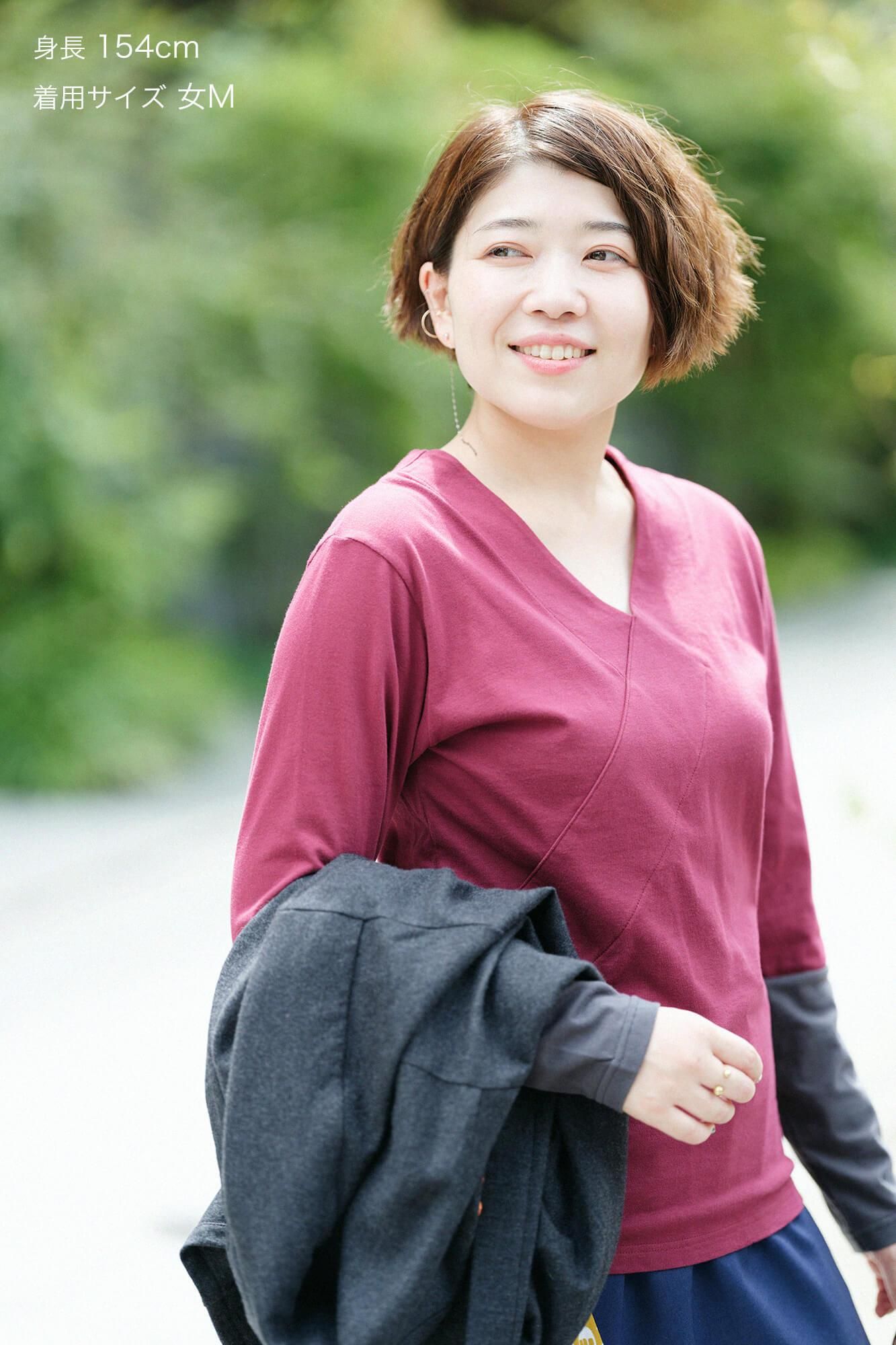  V領上衣 30號單線 雙色袖／酒紅色×鉛色