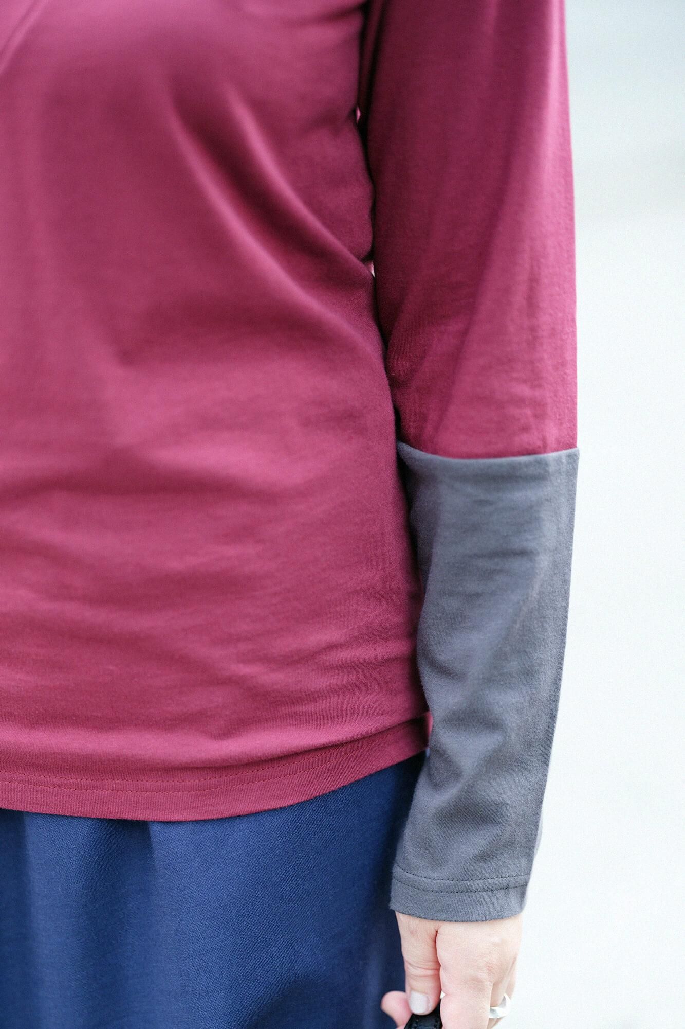  V領上衣 30號單線 雙色袖／酒紅色×鉛色