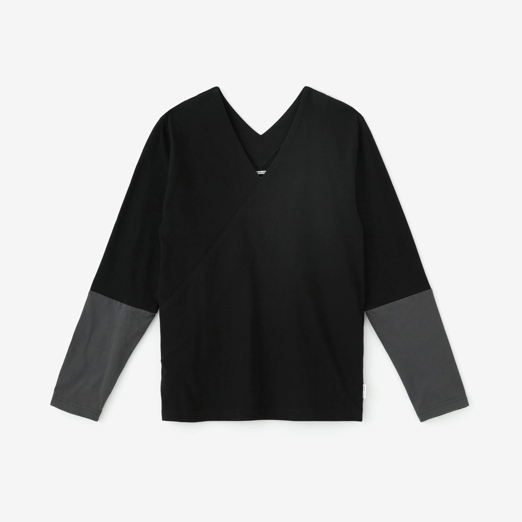 雙色袖V領上衣30號單線/jiban/黑色×鉛色