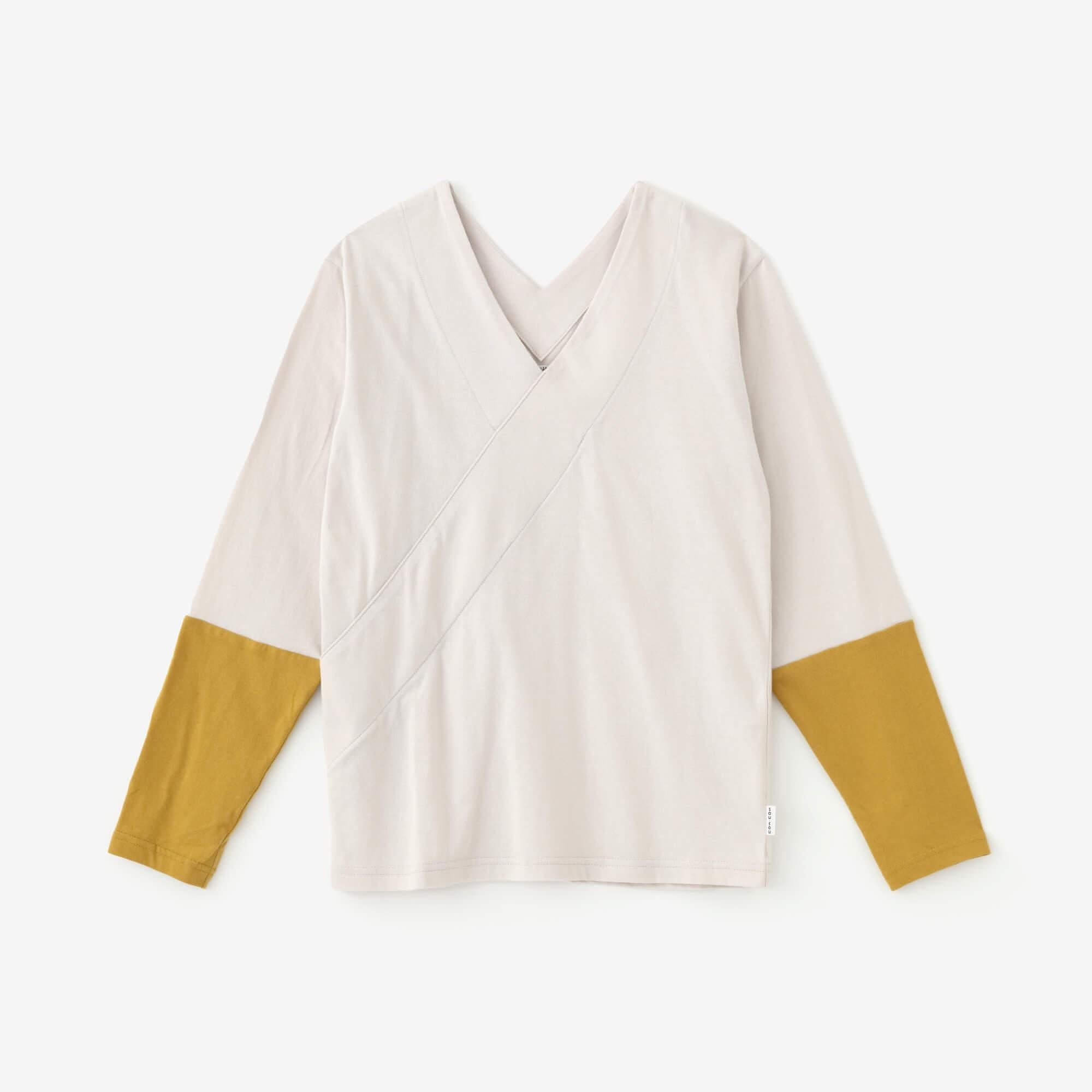 V-neck Shirt Bi-color Sleeve 30 Count Single Yarn Sakura Grey x Mustard Color