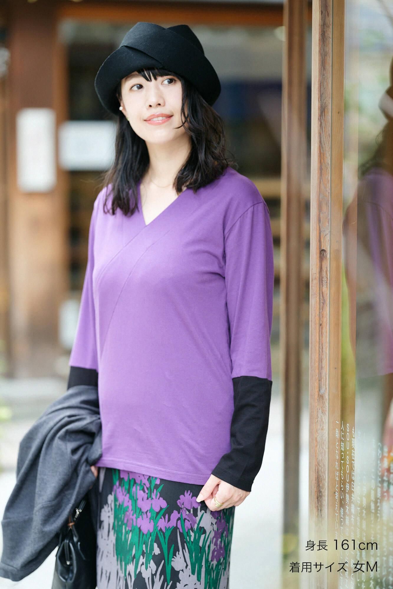 V領上衣 雙色袖 30號單線／紫色×黑色