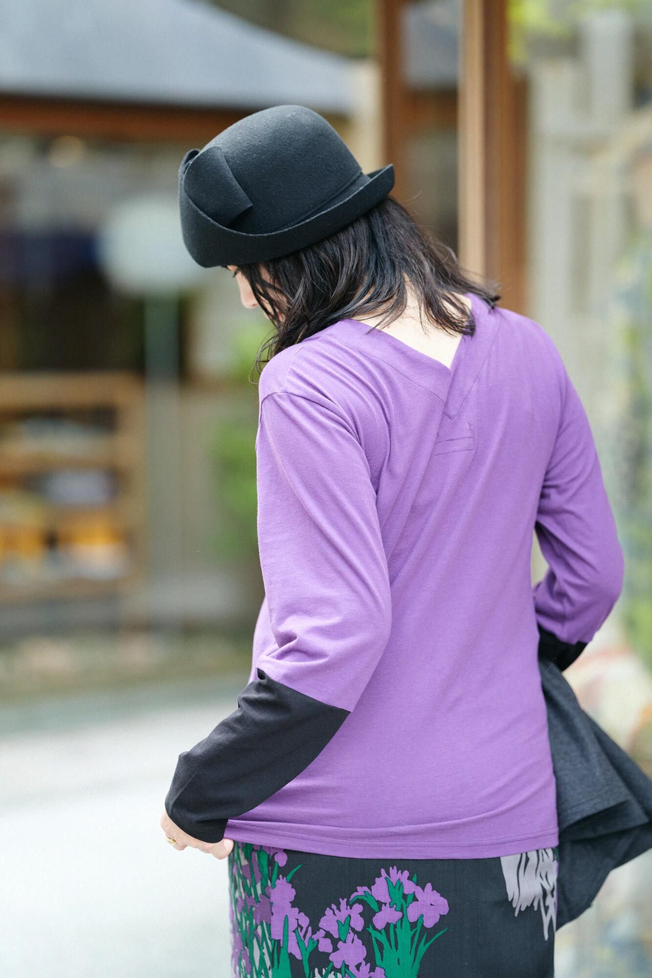 V領上衣 雙色袖 30號單線／紫色×黑色