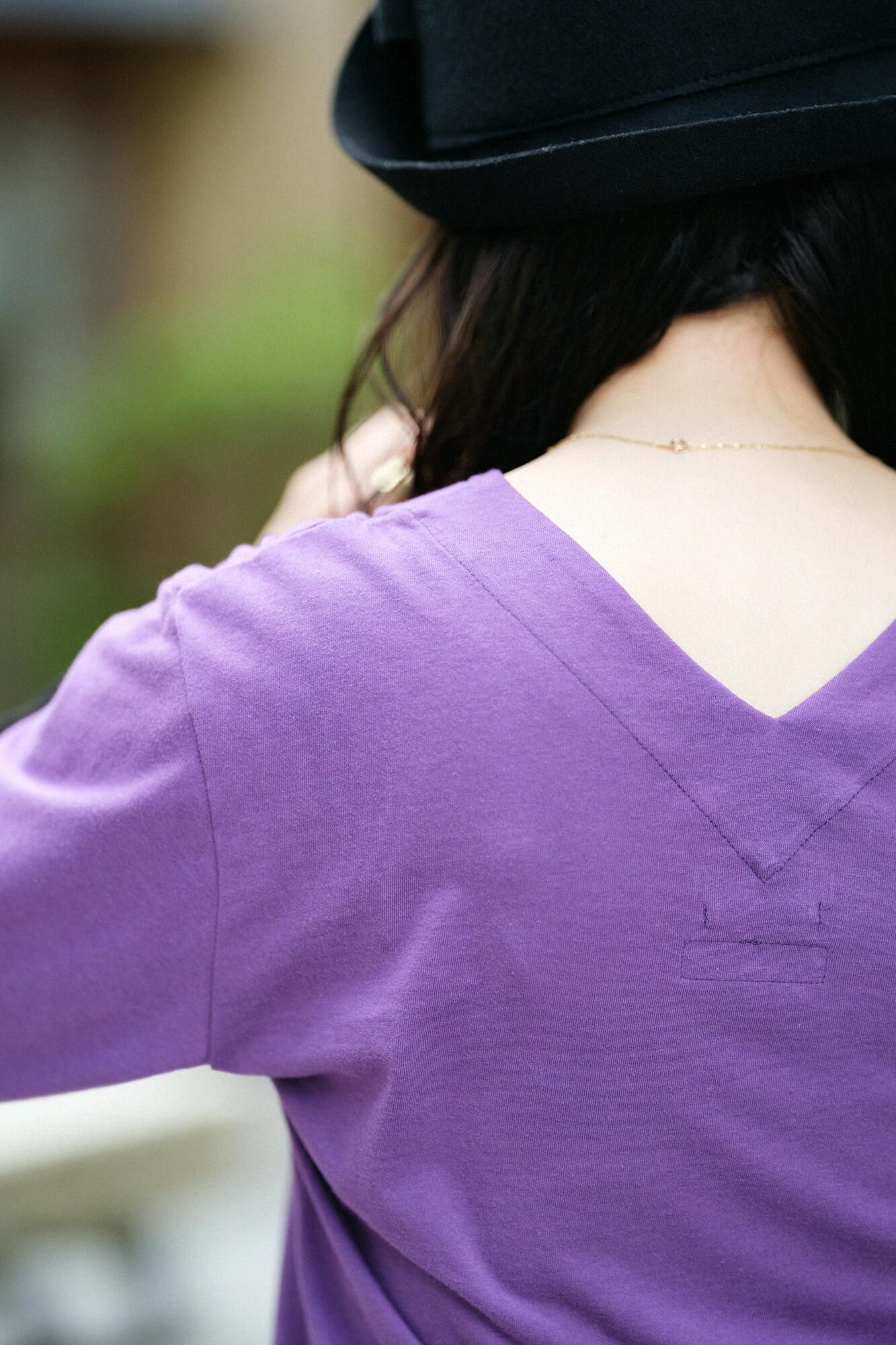 V領上衣 雙色袖 30號單線／紫色×黑色