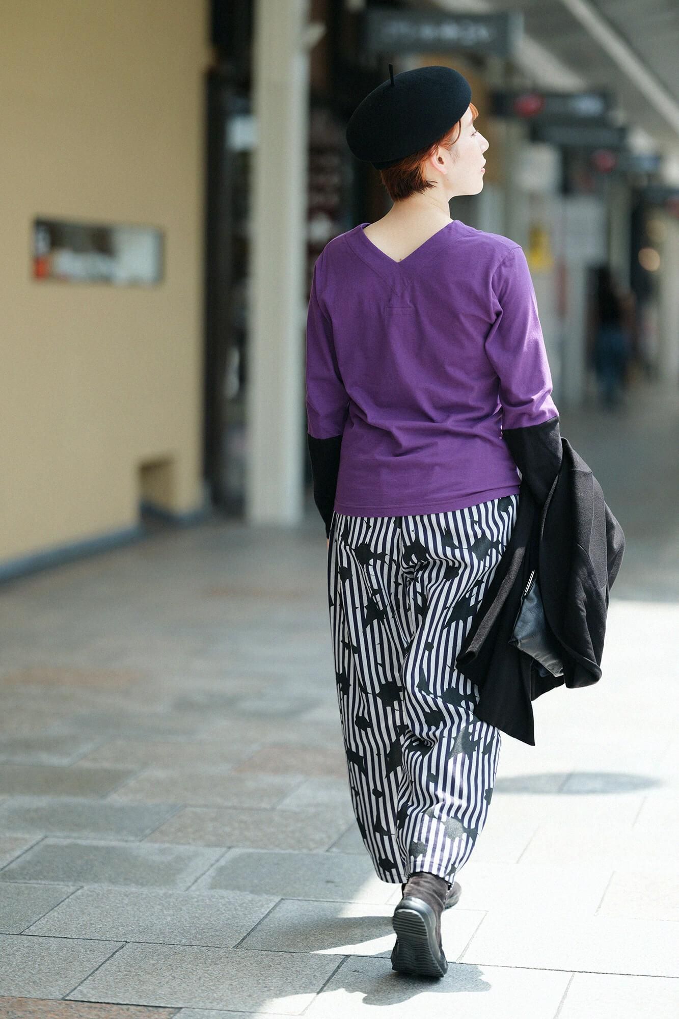 V領上衣 雙色袖 30號單線／紫色×黑色