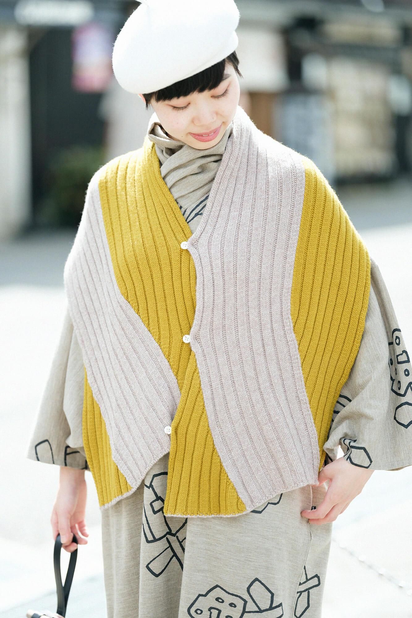 SOU・SOU×ALPHA 羊絨 枯山水圍巾／淺灰褐色×金黃色