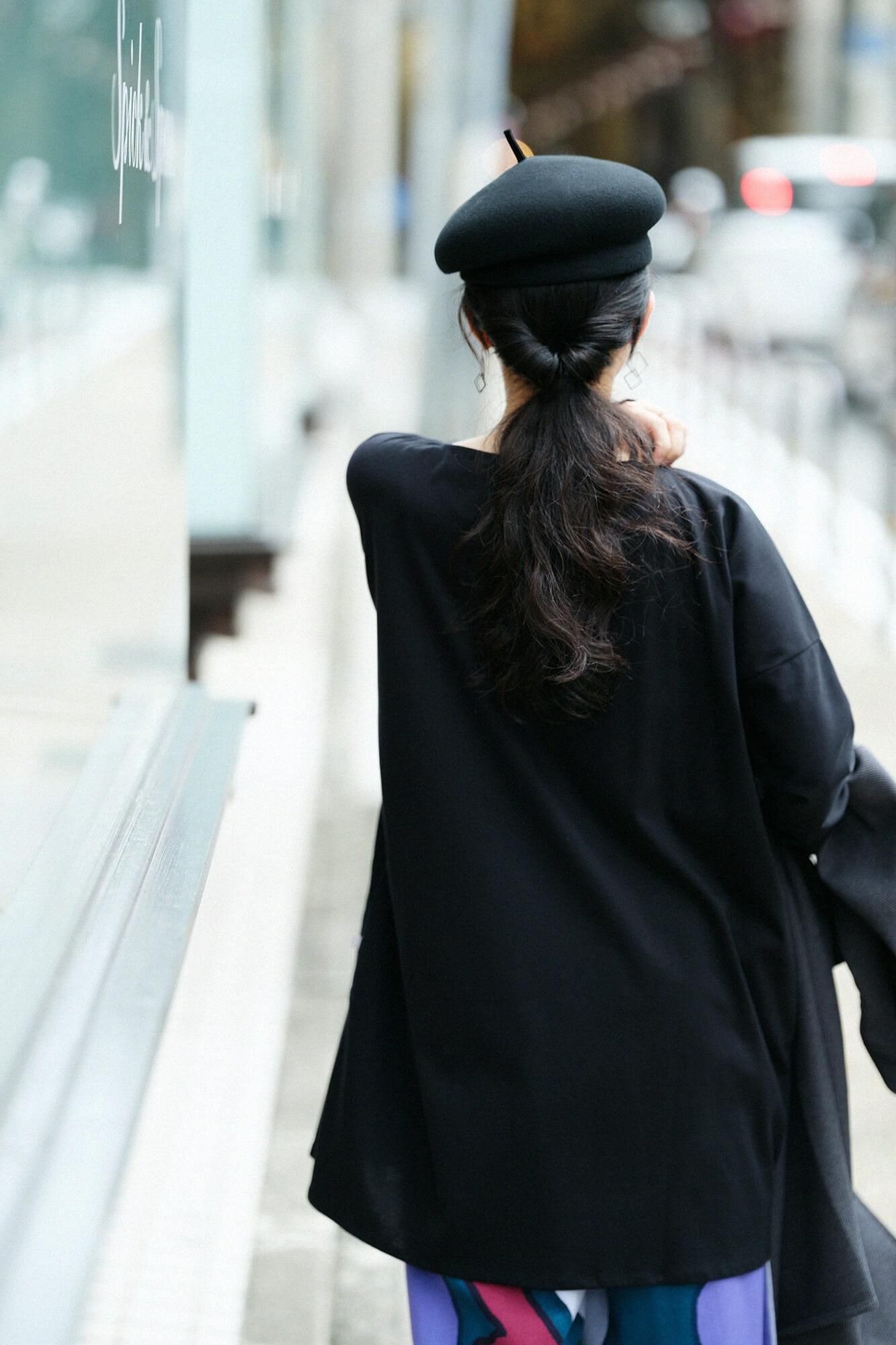 羅紋針織布 船領 長袖長版上衣／黑色