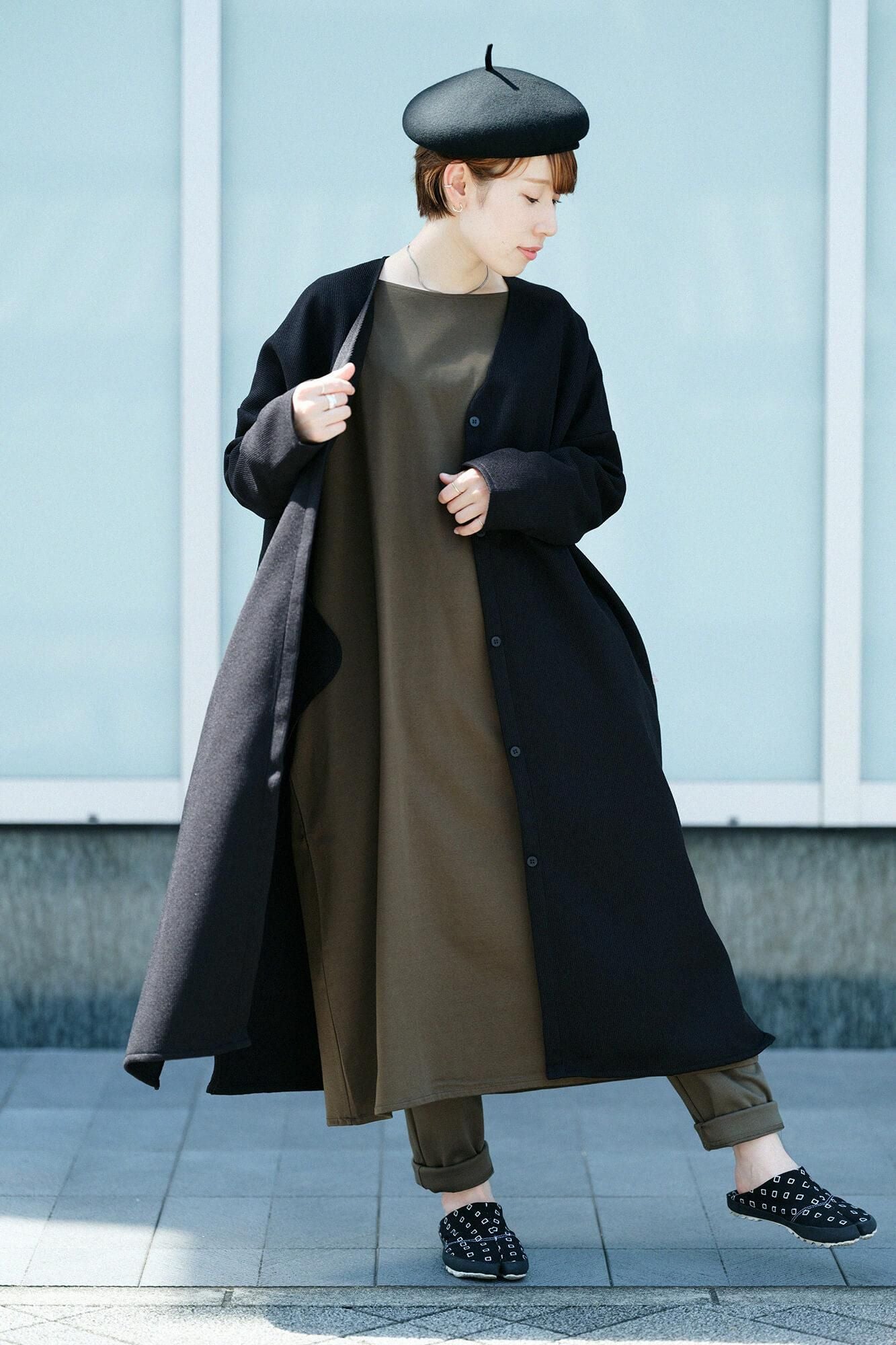 羅紋針織布 船領 長袖連衣裙／橄欖綠