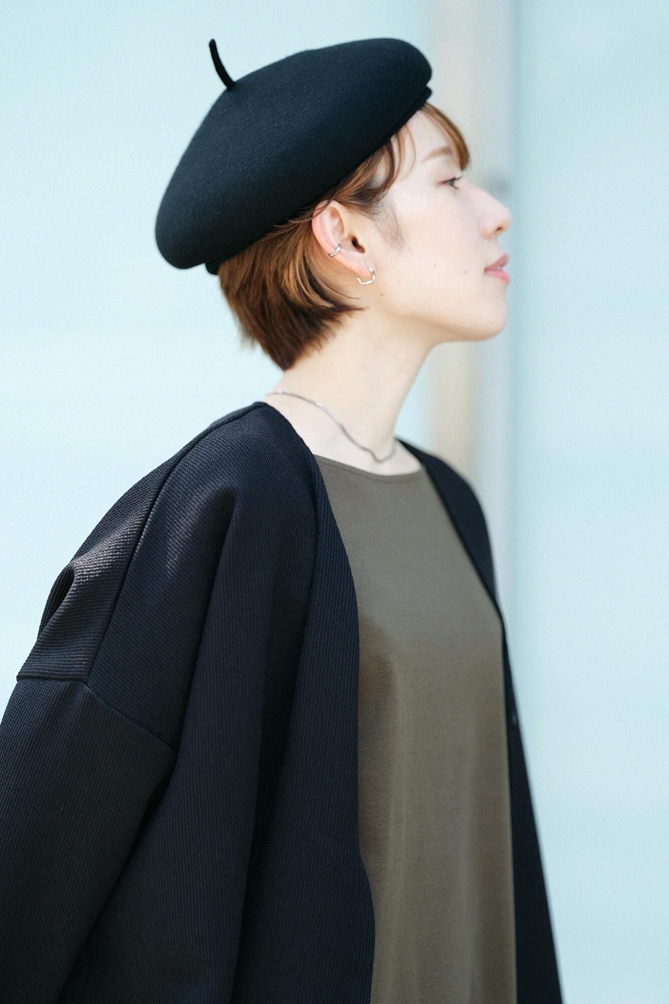 羅紋針織布 船領 長袖連衣裙／橄欖綠