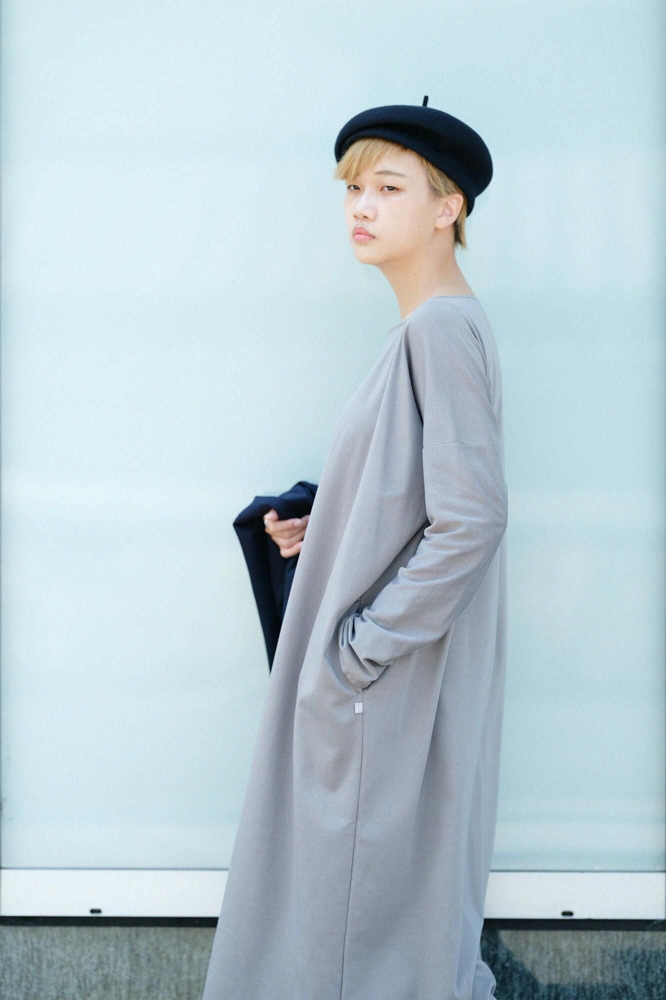 羅紋針織布 船領 長袖連身裙／淺灰色