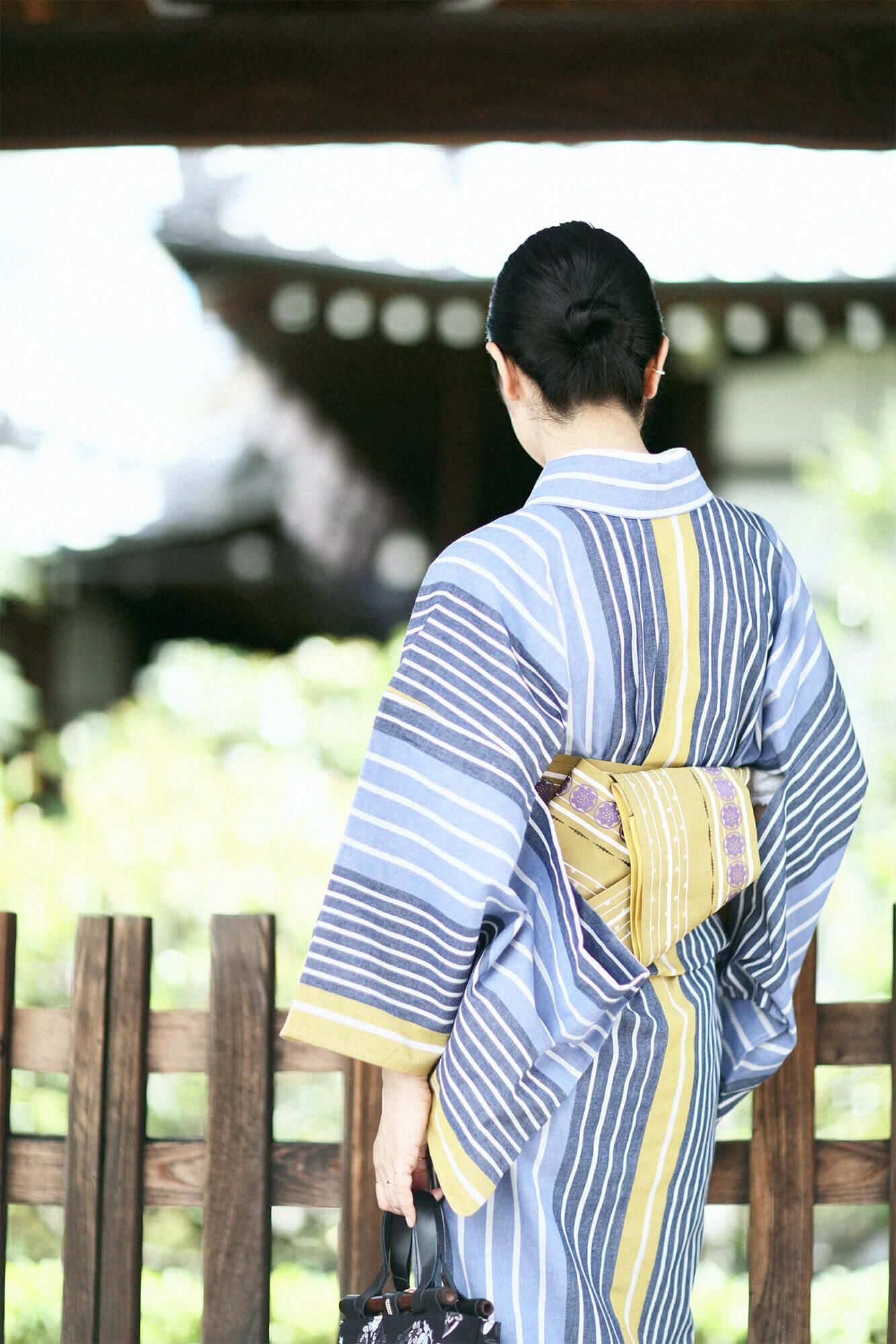 お仕立て別】伊勢木綿（20/20） 着物反物／染流し縞 芥子色（からし