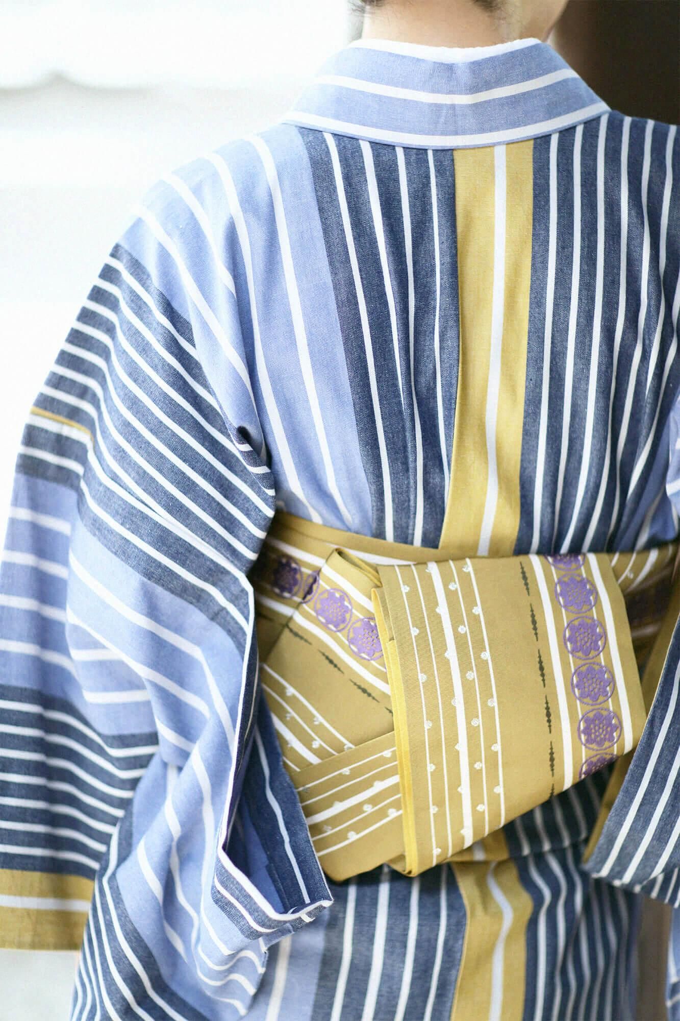 襦袢反物　着尺　絞り　よろけ縞　菊花紋　着物　091tz お仕立て別】伊勢木綿（20/20） 着物反物／染流し縞 芥子色（からし