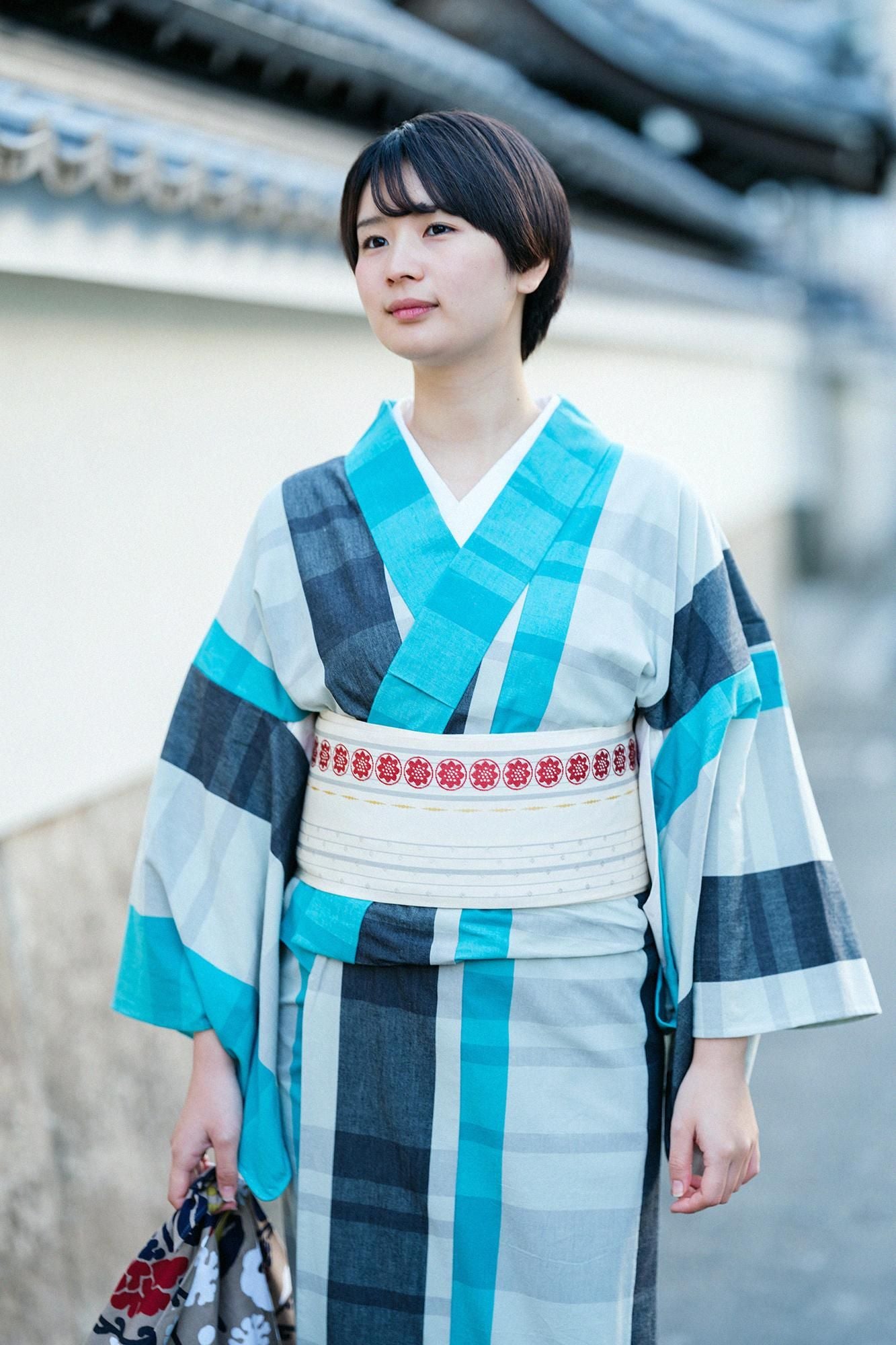 【※재단별도】이세모멘（20/20） 기모노 원단/우지바시 격자꽃 녹청(하나로쿠쇼)