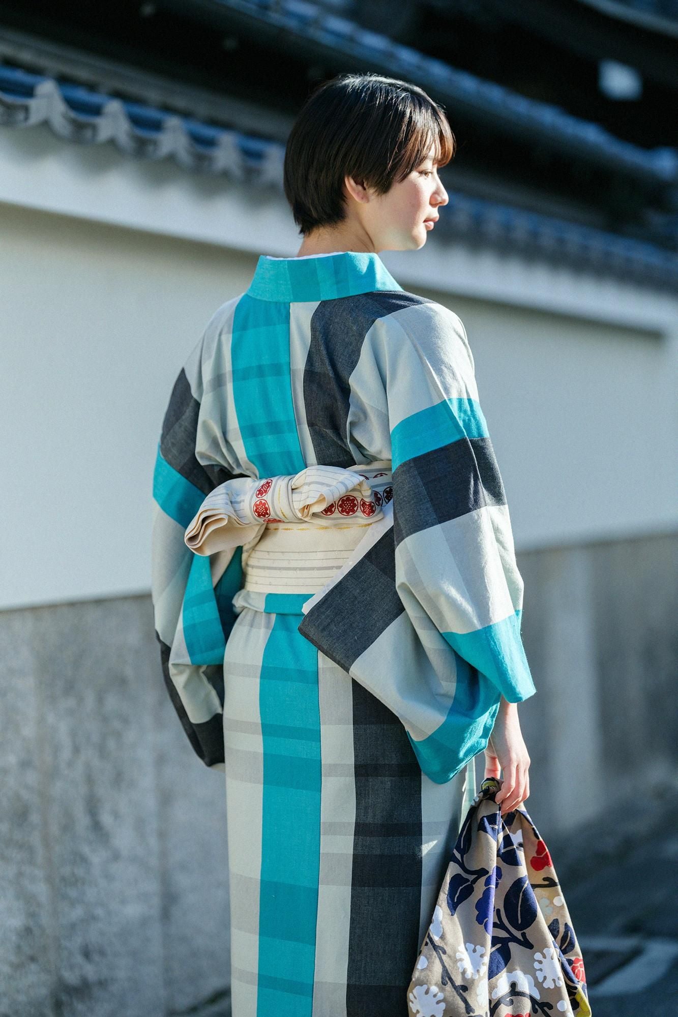 【※재단별도】이세모멘（20/20） 기모노 원단/우지바시 격자꽃 녹청(하나로쿠쇼)