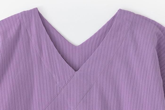 高島縮棉 40/20 空羽 V領長方形洋裝 七分袖/ 淺紫色